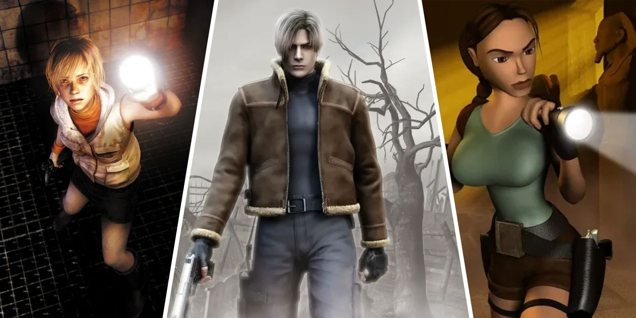 Split image of Heather Mason, Leon Kennedy and Lara Croft.