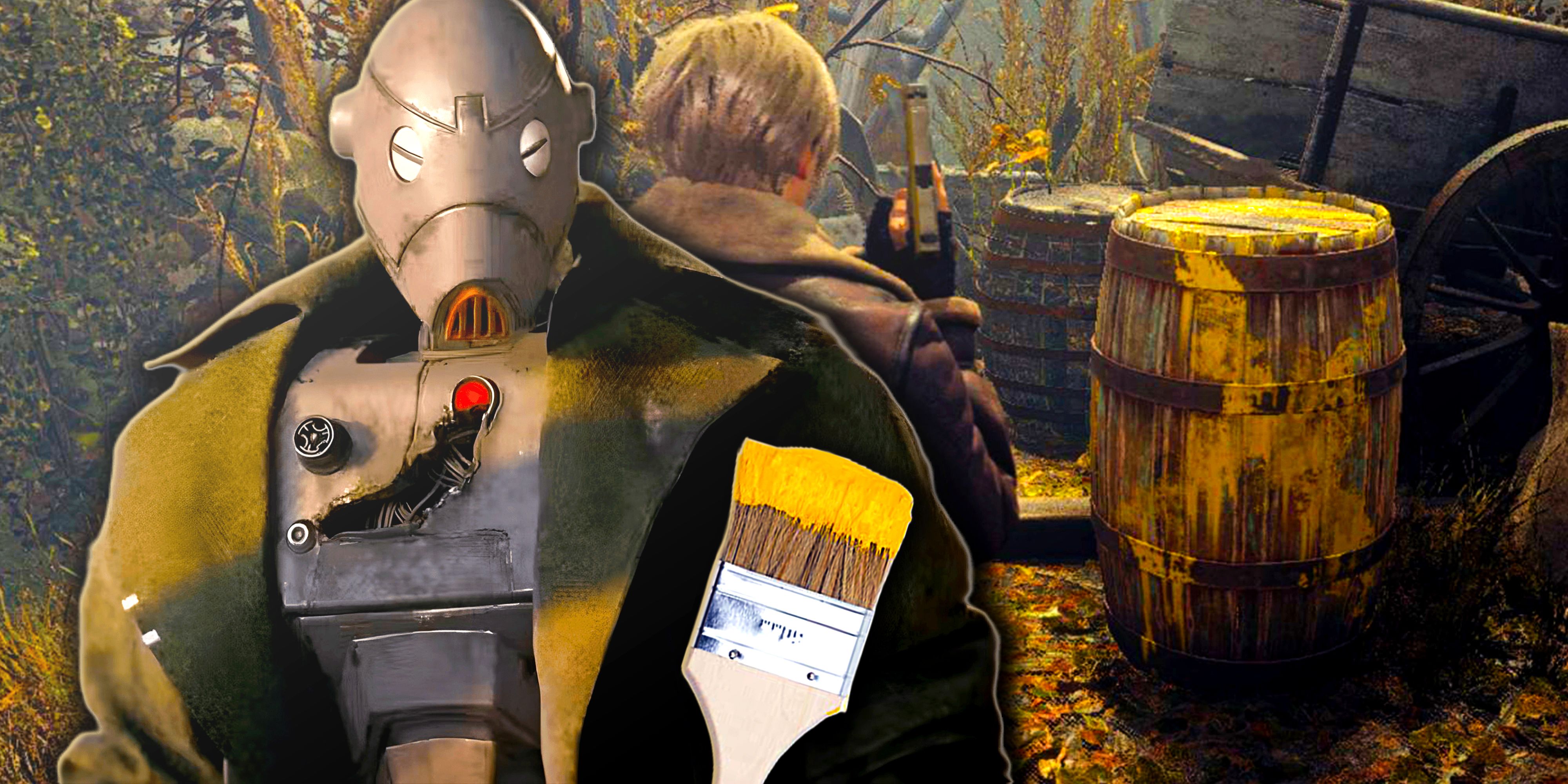 ND-5 from Star Wars Outlaws holding a paint brush with yellow paint on it, with Leon from Resident Evil 4 remake standing next to a yellow-painted barrel in the background