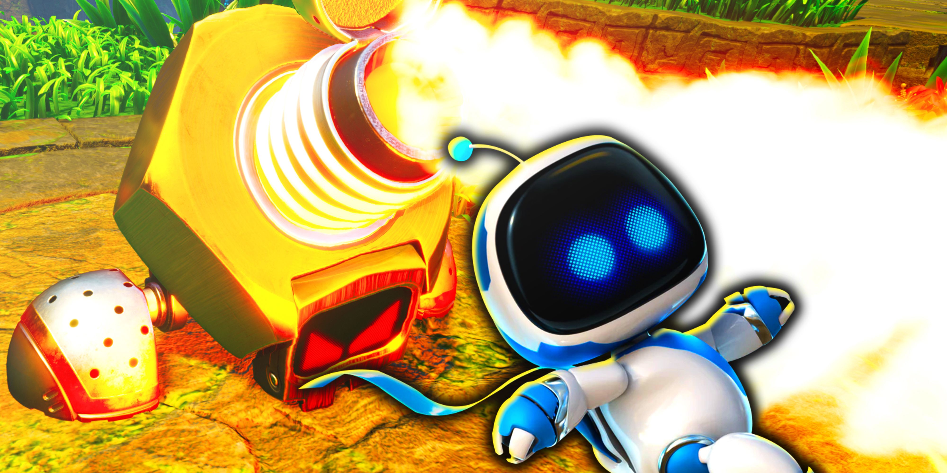 Astro Bot running from the nut and bolt enemy spitting fire