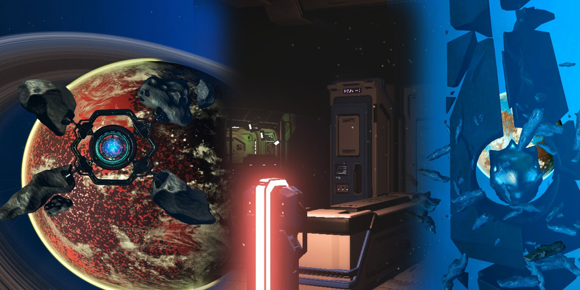 Three scenes from No Man's Sky. From left to right: A portal, a derelict freighter, and space rubble.