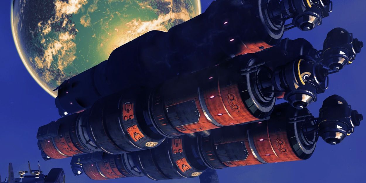 A collective of storage tubes floats adrift in No Man's Sky.