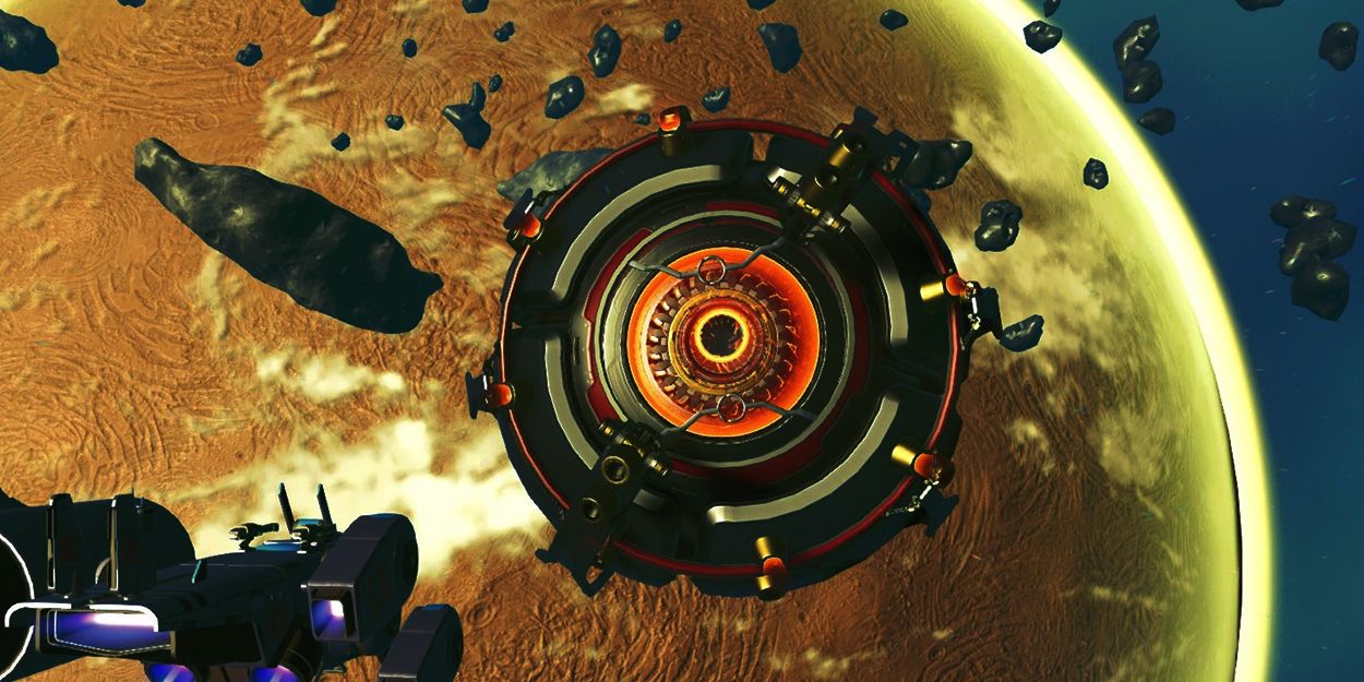 A round object with an orange lens floats in space in No Man's Sky.