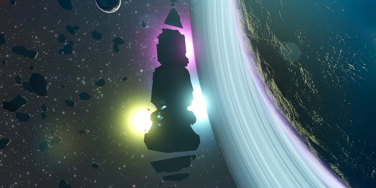 The Relic of the First Spawn in No Man's Sky resembles a large, ruined obelisk in space.