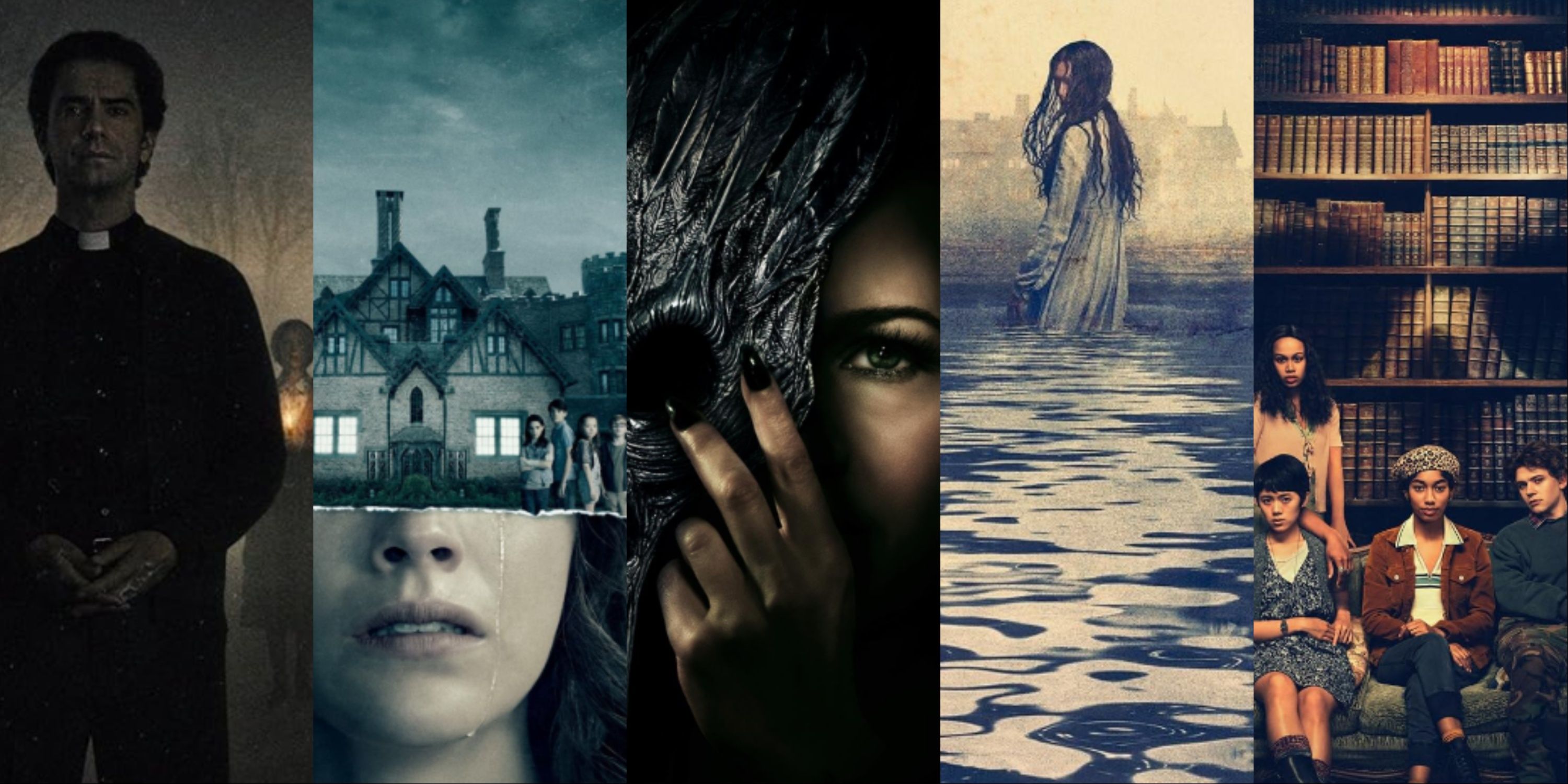 A Five-Image Collage Of The Main Artwork For Mike Flanagan's Midnight Mass, The Haunting Of Hill House, The Fall Of The House Of Usher, The Haunting Of Bly Manor, And The Midnight Club.