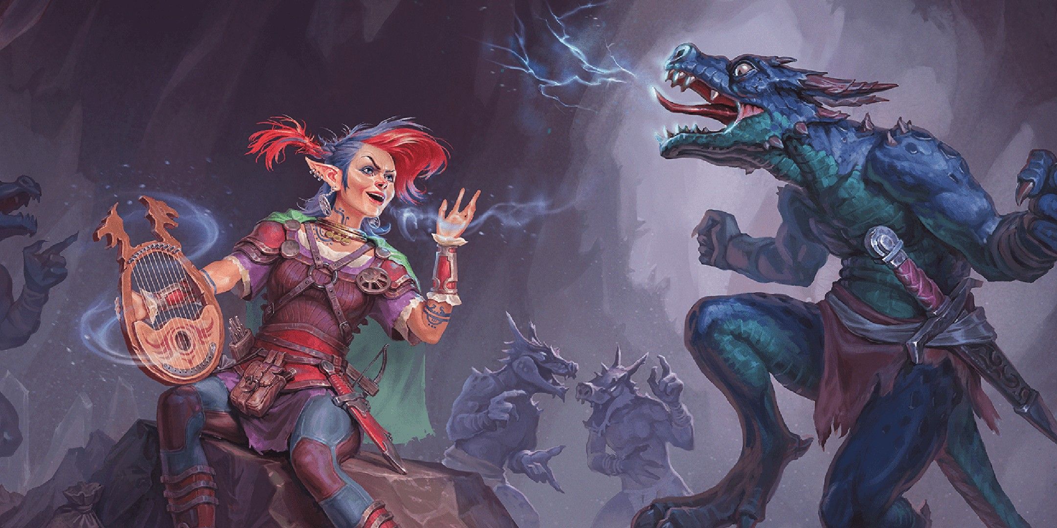 Dungeons & Dragons image showing A gnome Bard casting Vicious Mockery at a kobold.