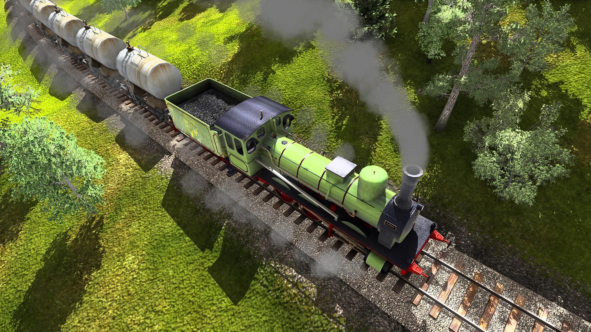 A green train goes through a forest in Train Fever