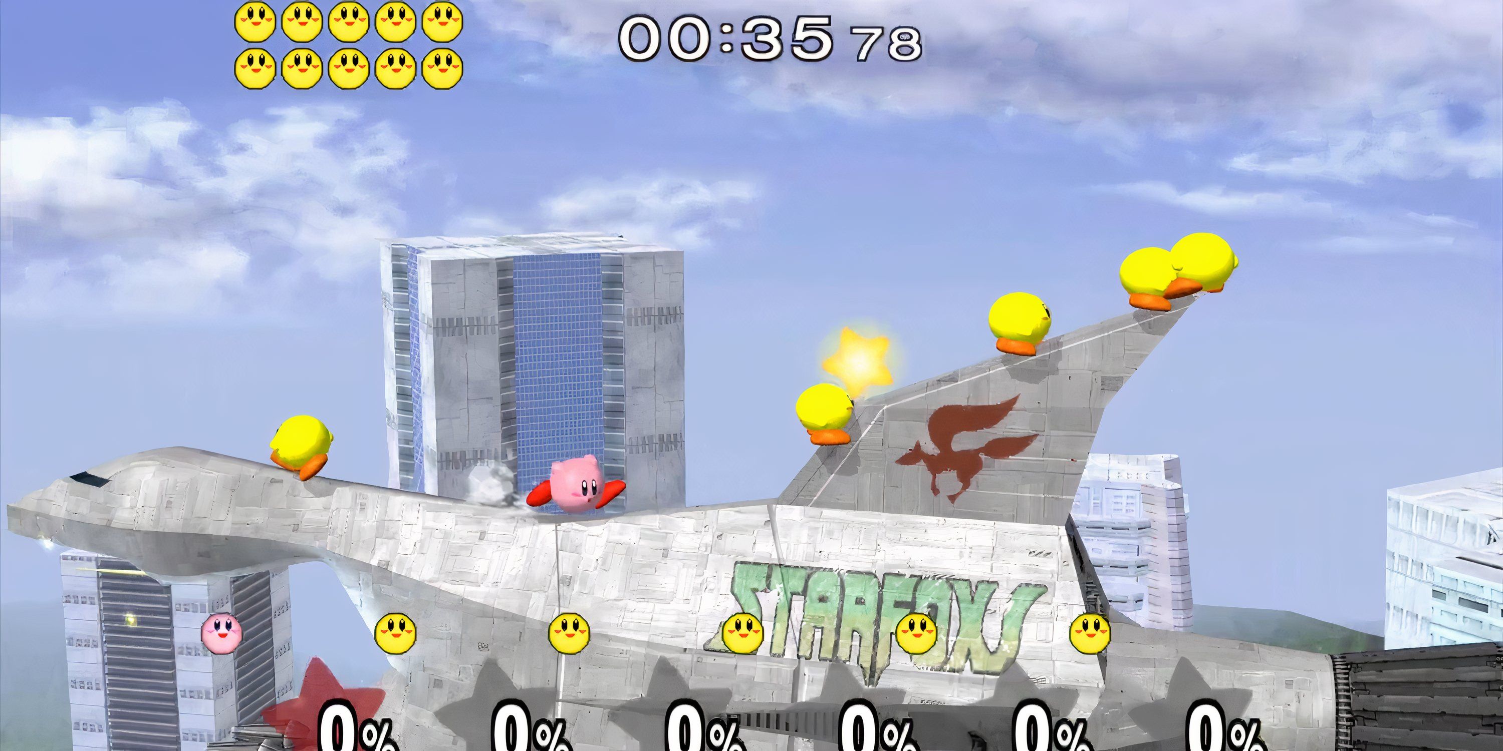 A pink Kirby stands on an arrow surrounded by yellow Kirbys in Super Smash Bros. Melee.