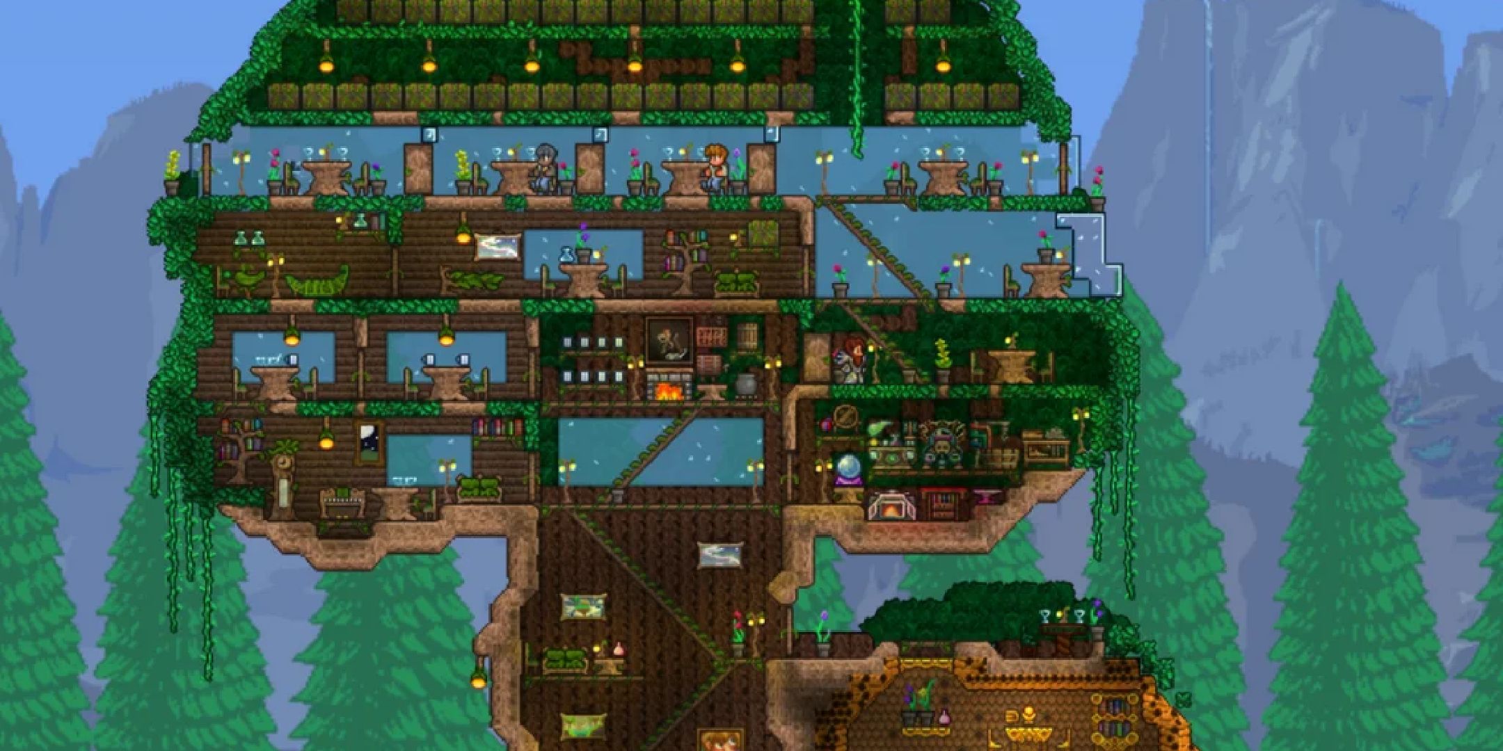 A player-made treehouse base in Terraria.