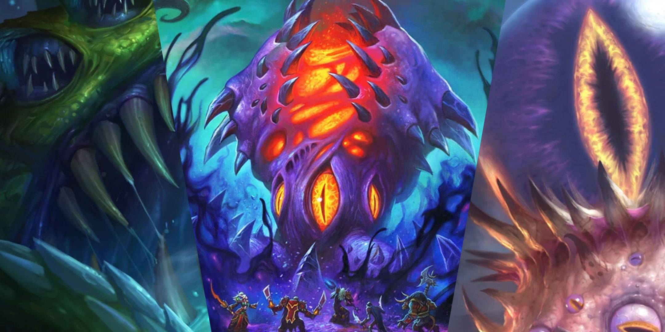 A Split Image Depicting World Of Warcraft Old Gods C'Thun, N'Zoth, And Yogg-Saron.