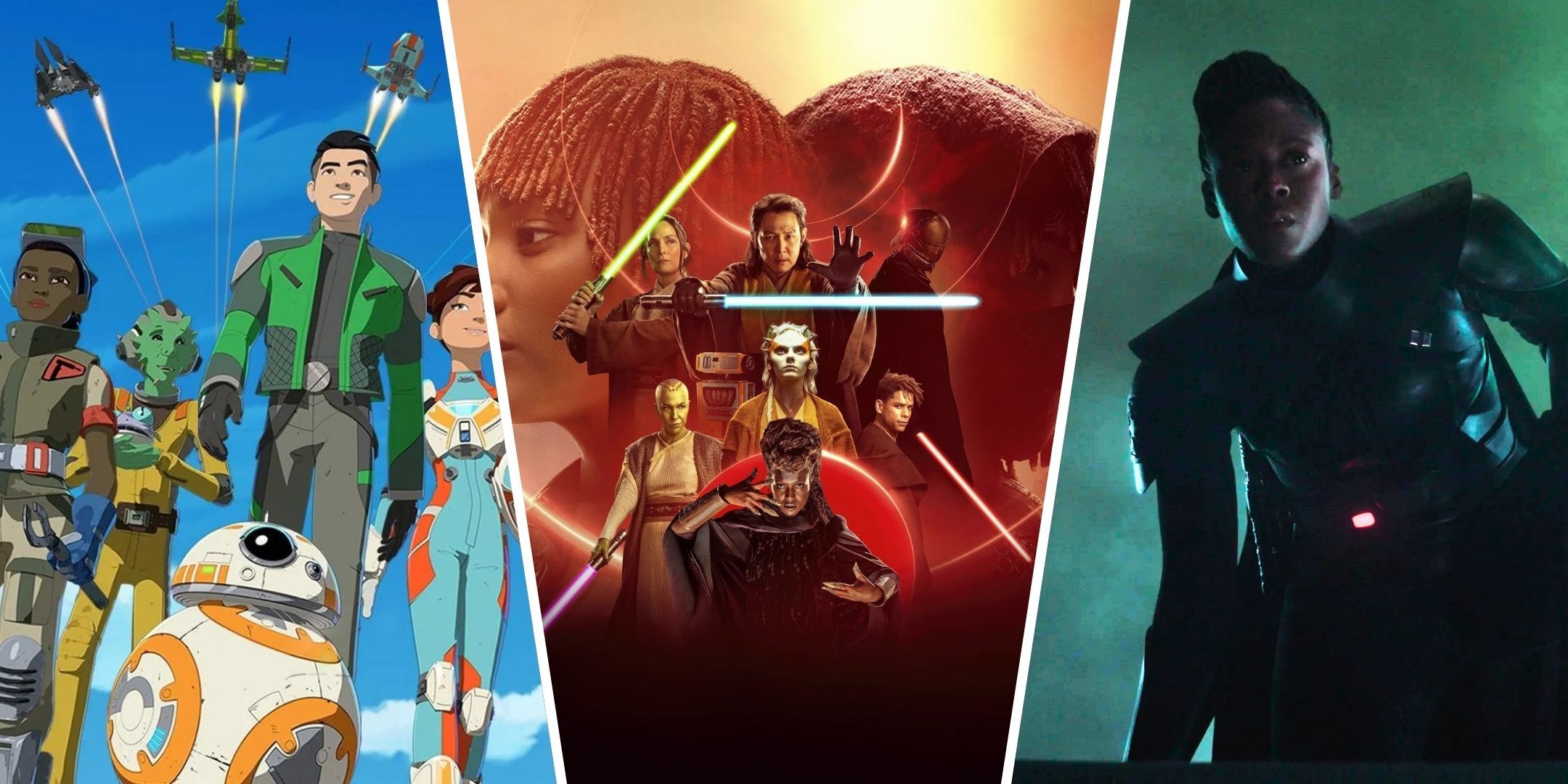 A split image of the main characters from Star Wars: Resistance, a poster from Star Wars: The Acolyte, and Reva from Obi-Wan Kenobi.