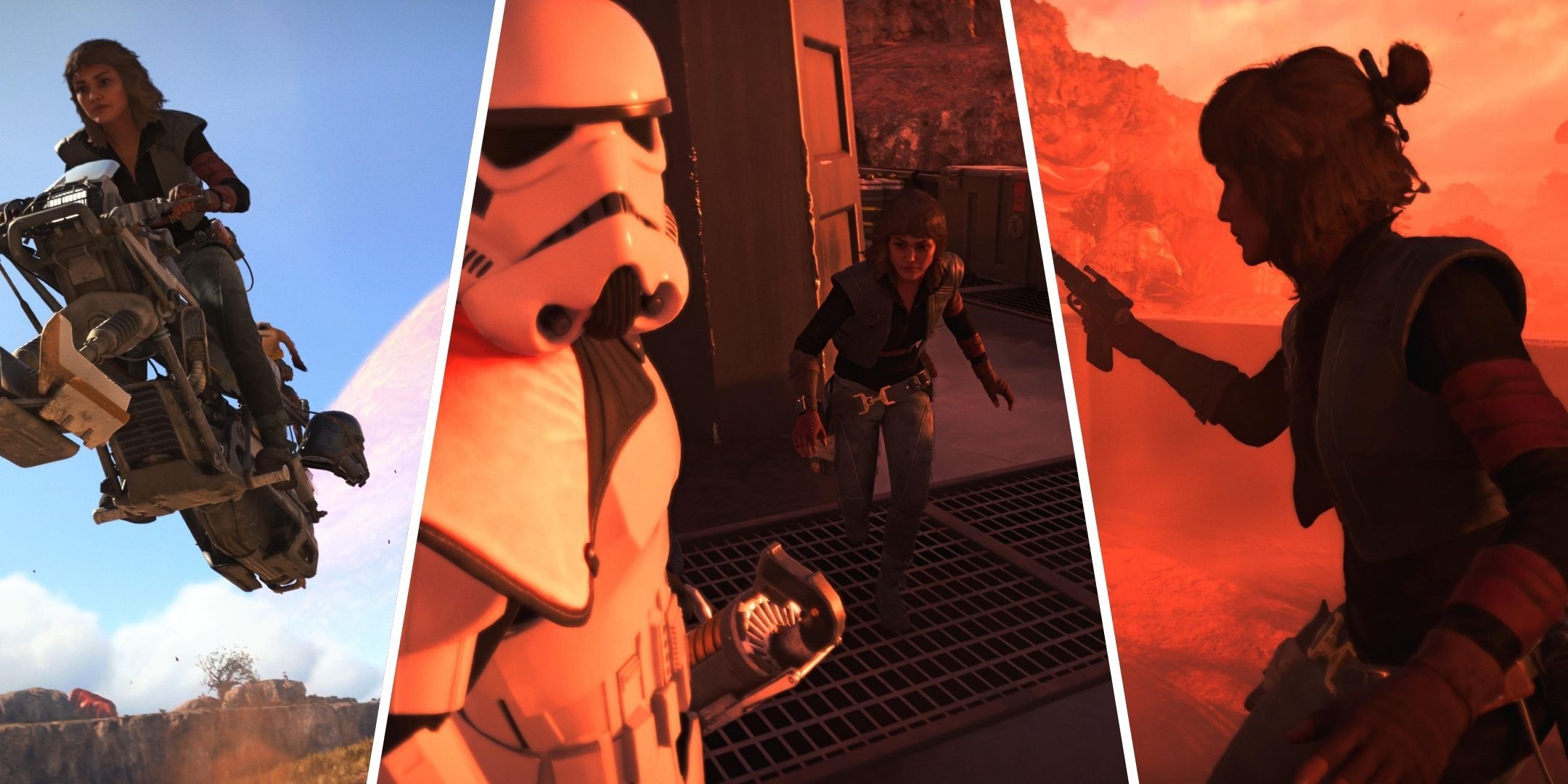 A montage showing Kay Vess on her speeder, Kay approaching a Stormtrooper, and Kay with her gun, in Star Wars Outlaws.