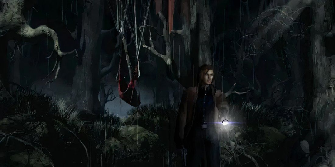 Edward Carnby with a flashlight in a dark forest in Alone In The Dark: The New Nightmare.
