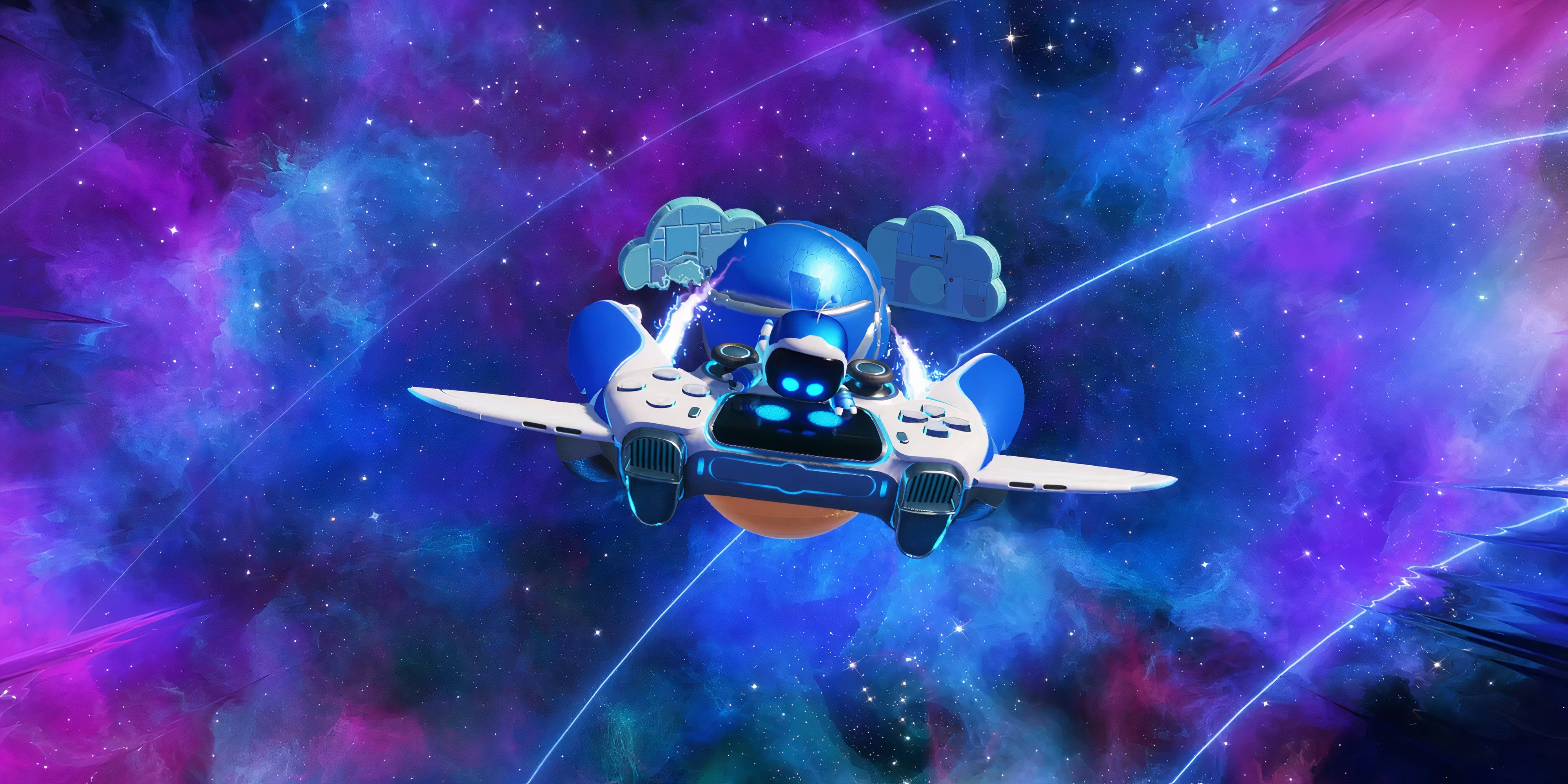 Astro Bot flying around Gorilla Nebula