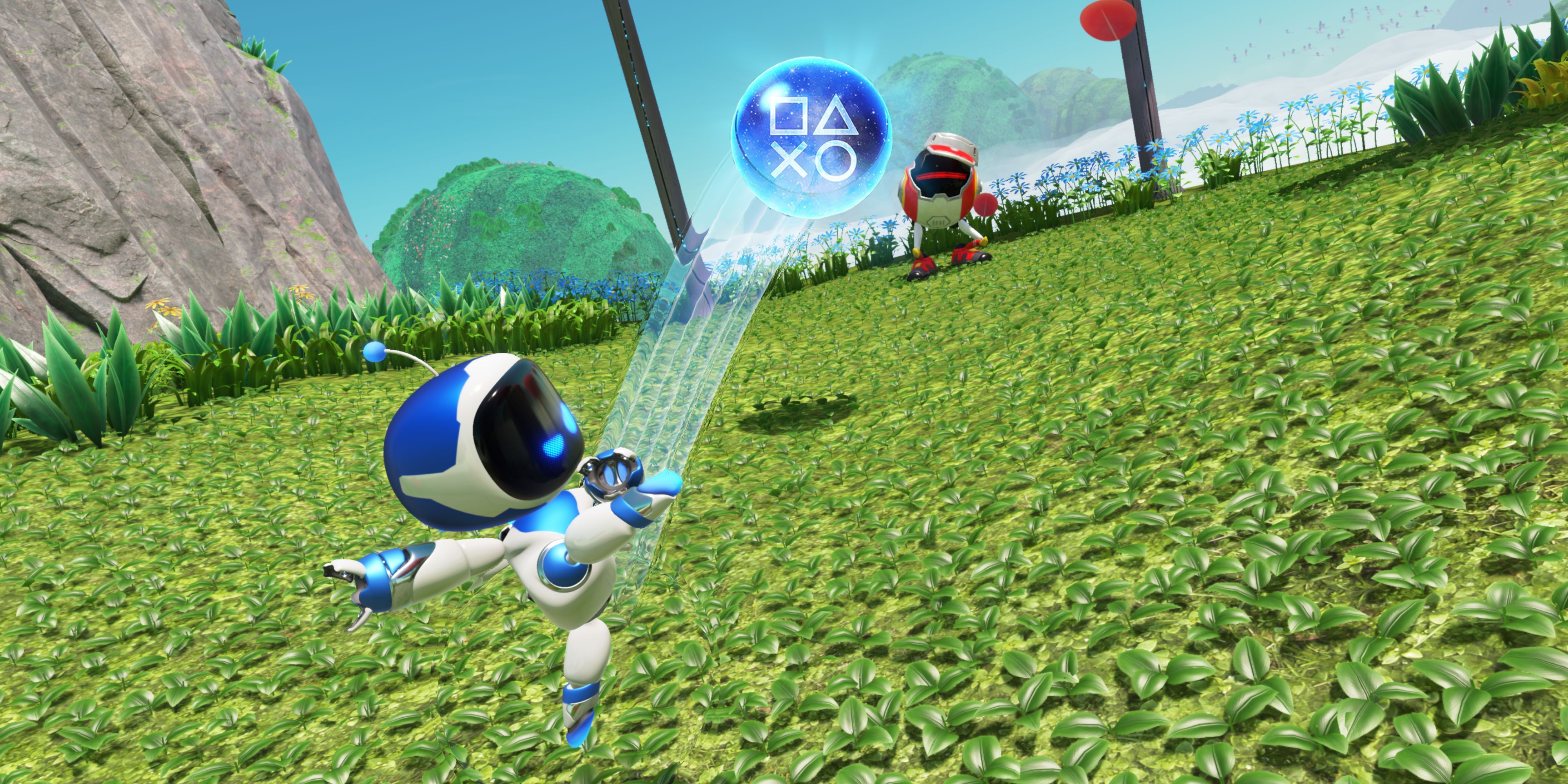 Astro Bot kicking a football but the ball is a Platinum