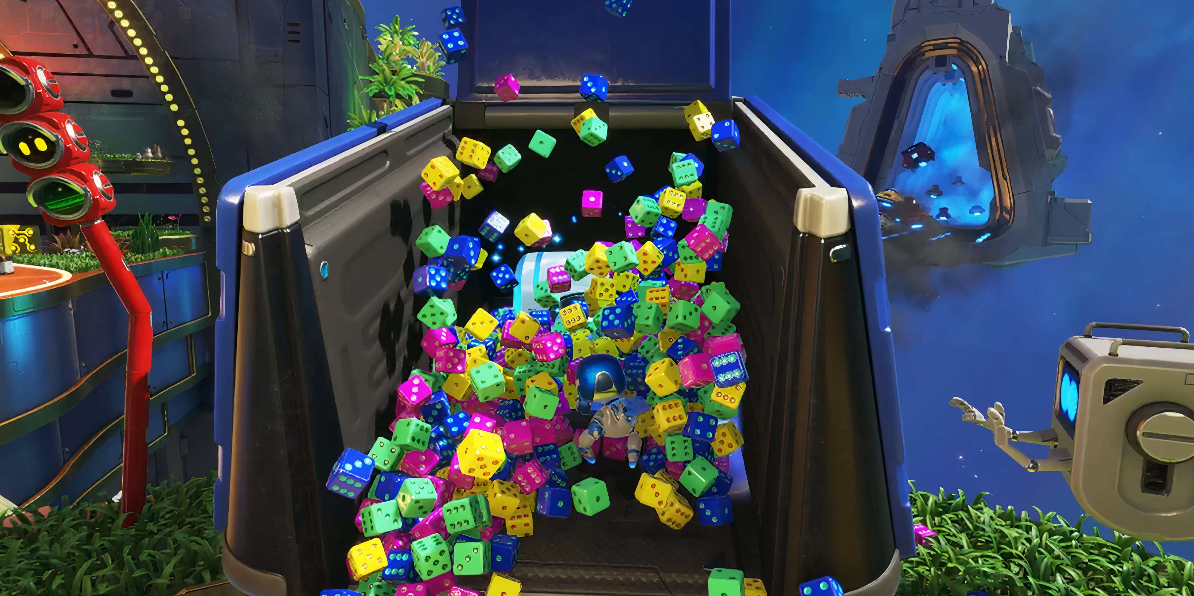 Astro Bot surrounded by dice in Slo Mo Casino