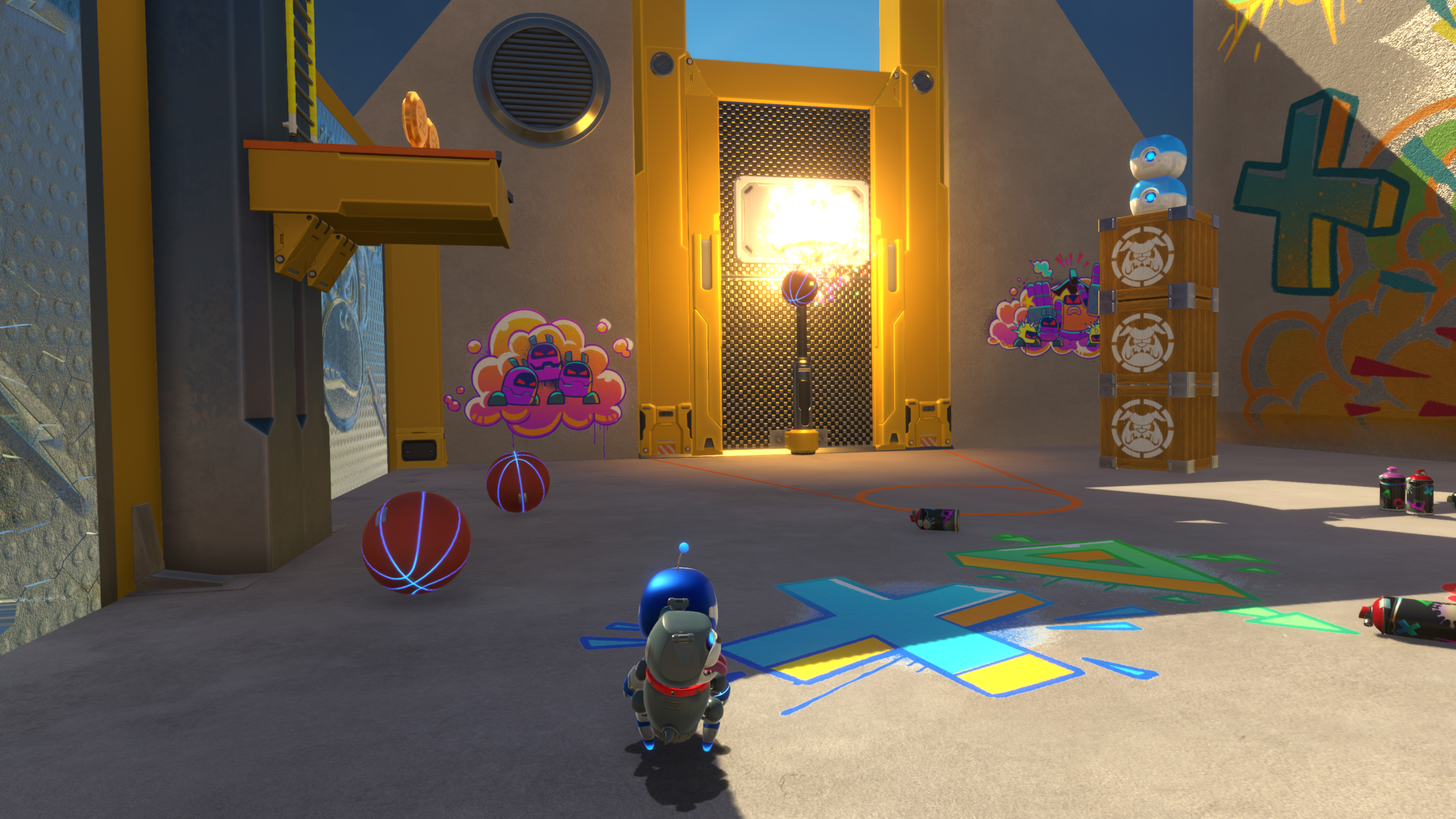 Astro Bot scoring a basket in Construction Derby