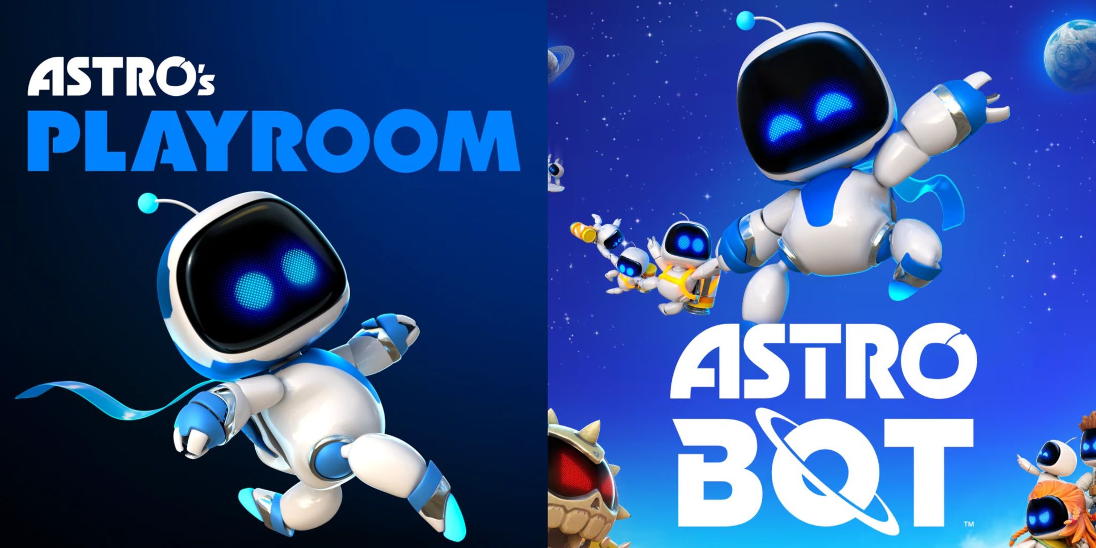 The Cover arts from Astro's Playroom and Astro Bot, respectively.