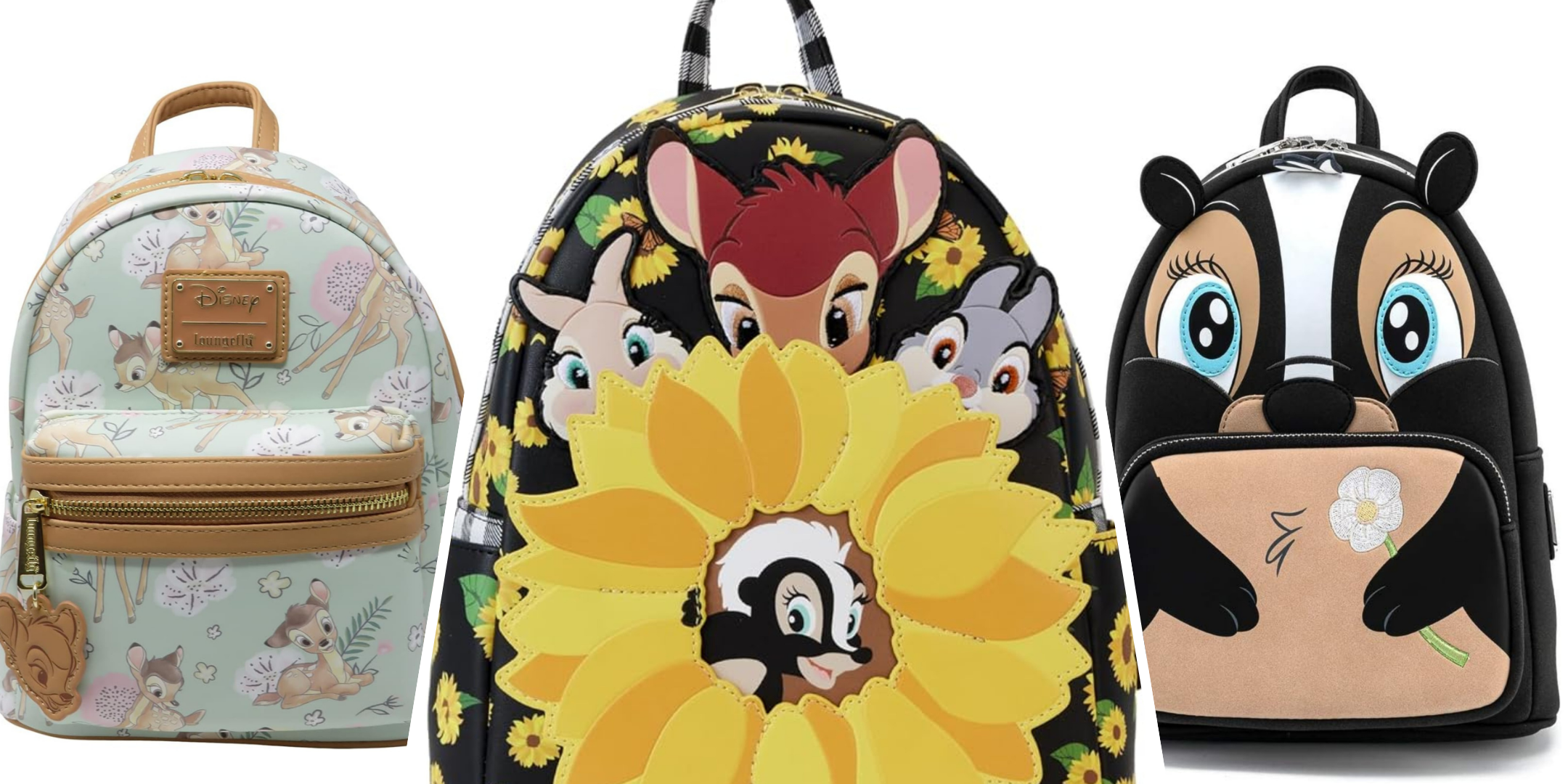 A tri-split image of three Loungefly backpacks each featuring characters from Disney's Bambi.