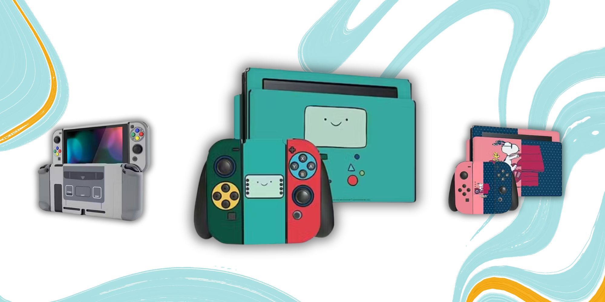 Best Nintendo Switch skins and decals, offering protection and fandom flaunting such as Adventure Time and Snoopy designs.