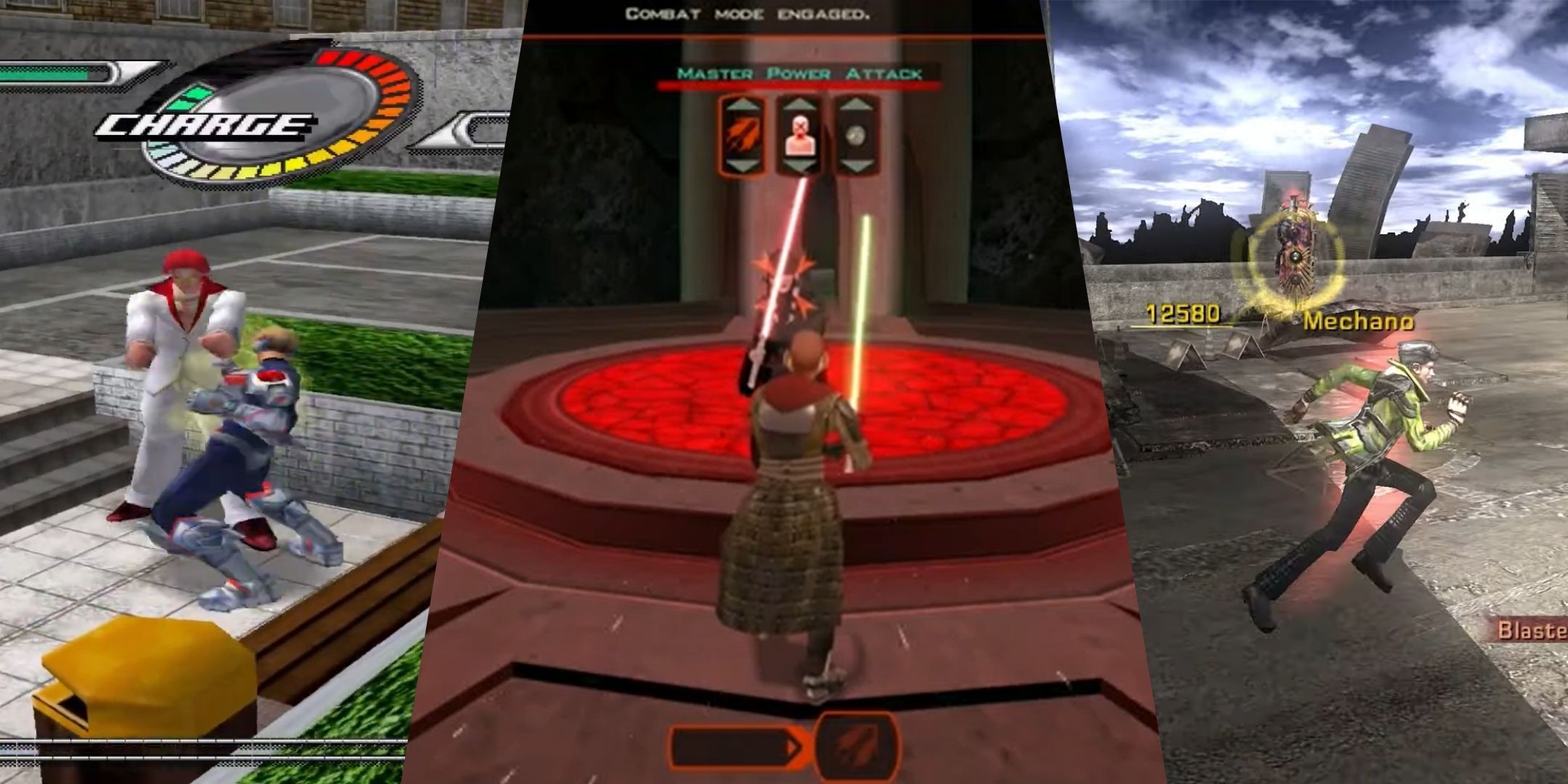 A hero beating up a yakuza, dueling Darth Traya, and running while selecting your spell respectively in Rent a Hero No. 1, Star Wars: Knights of the Old Republic 2, and Phantom Dust.