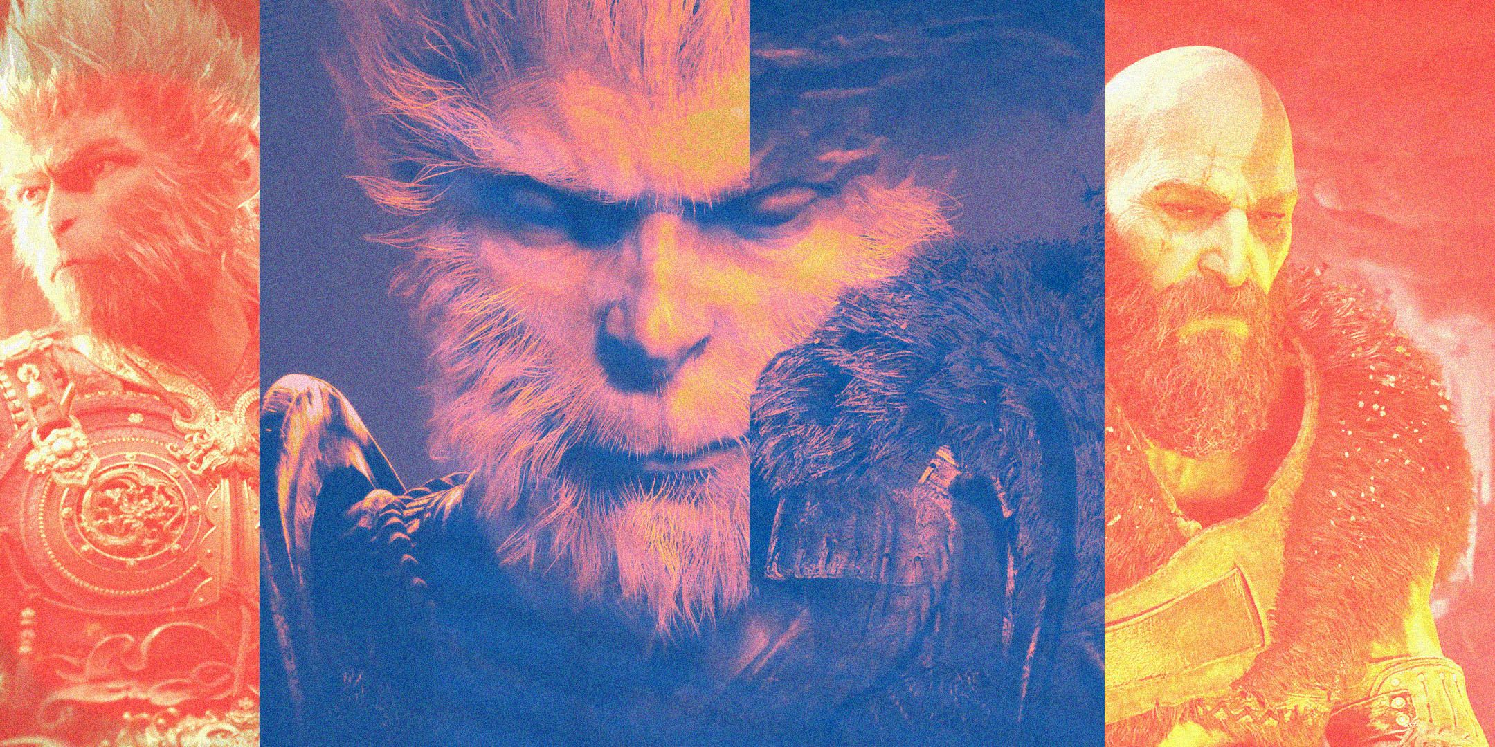 An image featuring The Destined One from Black Myth: Wukong and Kratos from God of War: Ragnarok