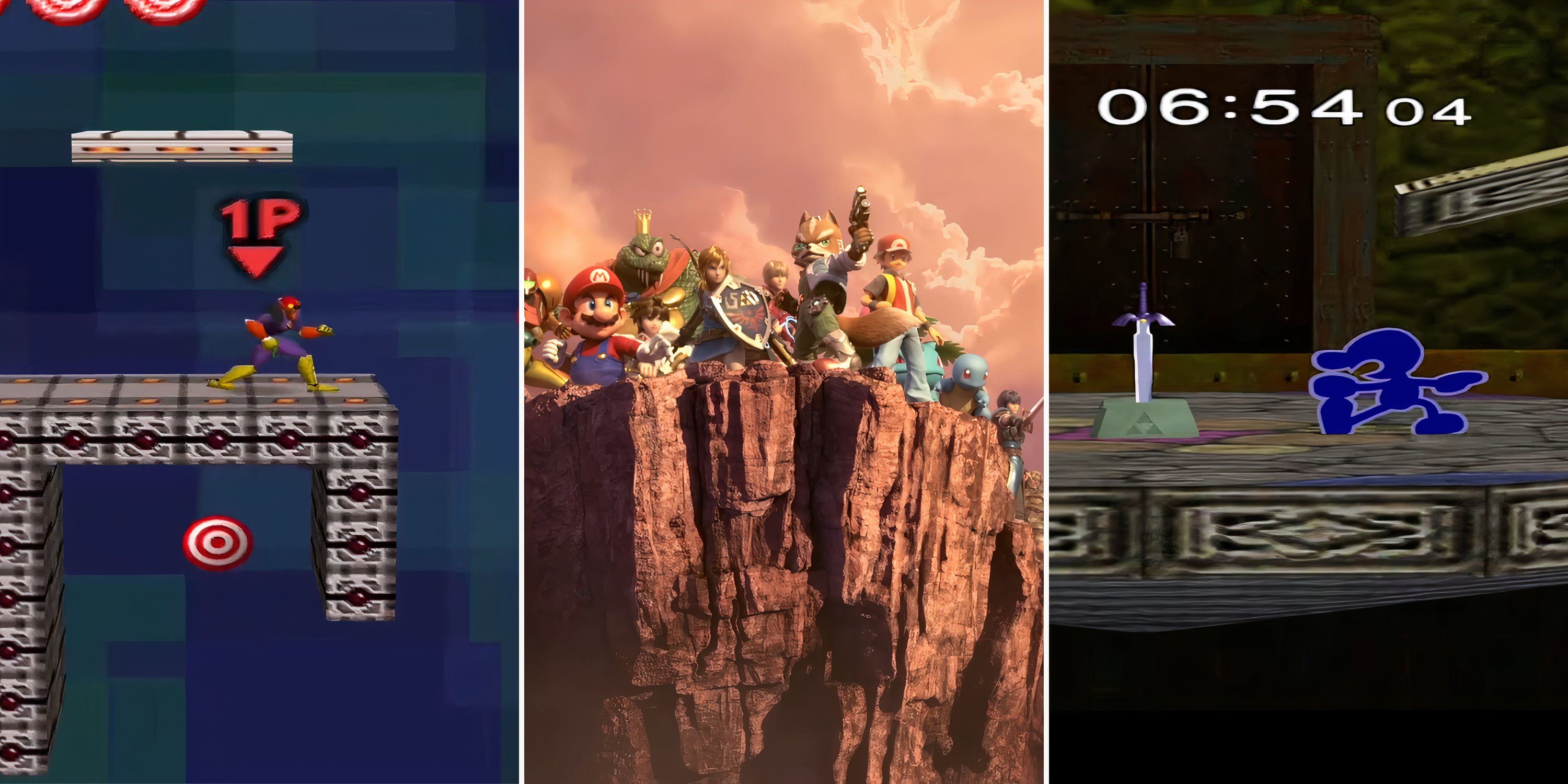 Captain Falcon stands above a target, Fox, Mario, and Pokemon Trainer stand on the edge of a cliff, Mr. Game & Watch approaches the Master Sword.