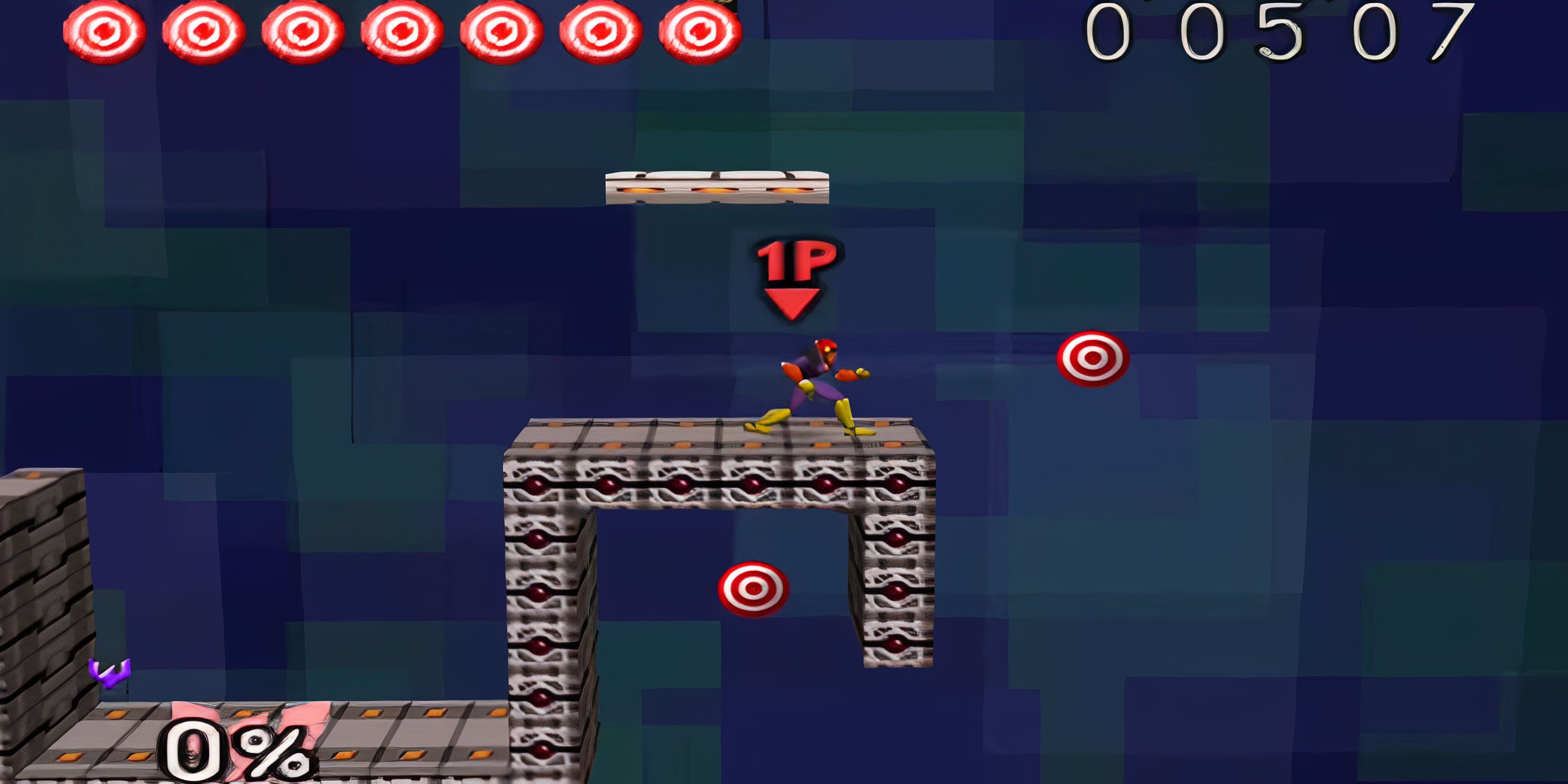 Captain Falcon stands between two targets in Super Smash Bros.