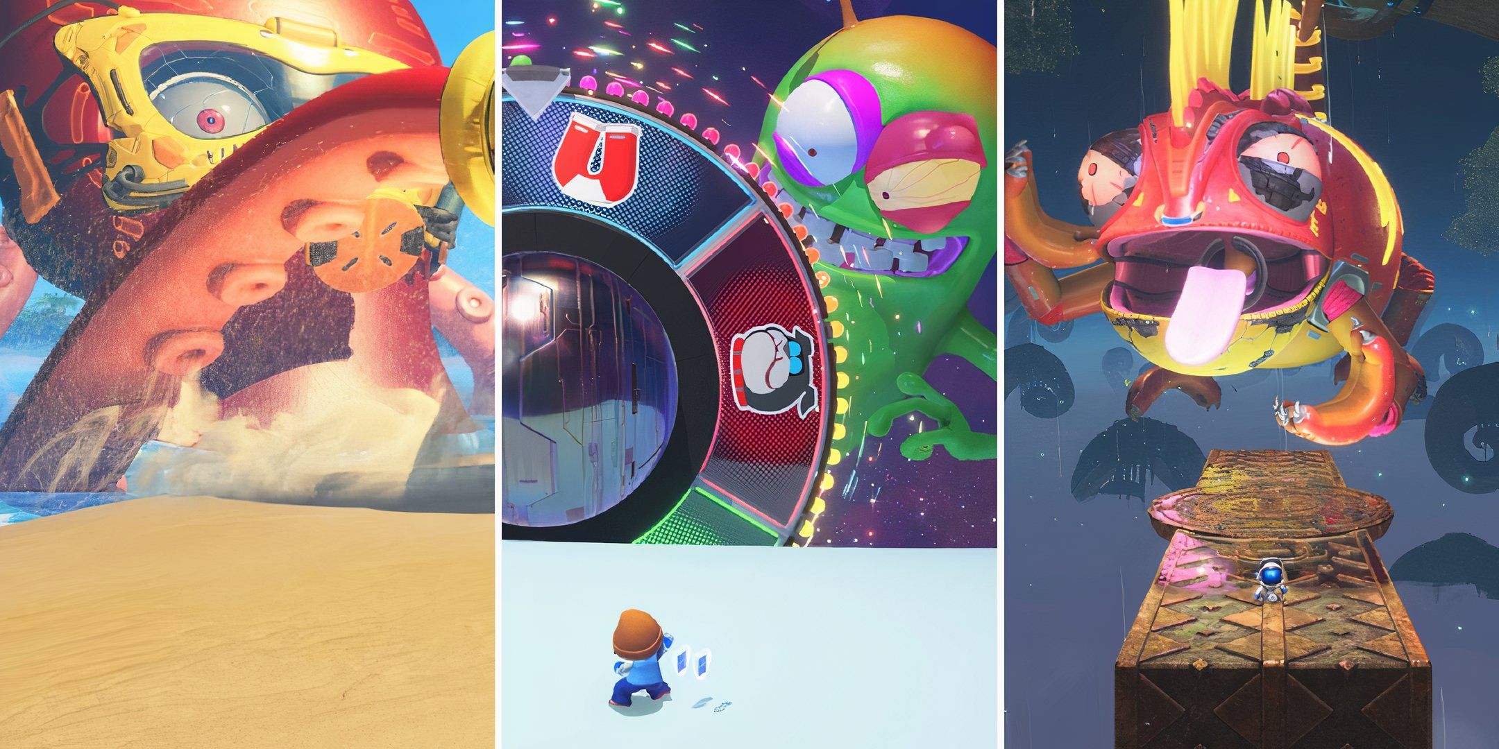 Collage from Astro Bot of Mako Tako, Space Bully Nebulax and Mecha Leon.