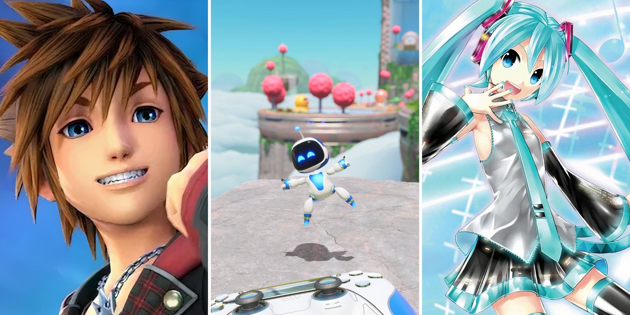 Collage of Sora from Kingdom Hearts, Astro from Astro Bot, and Hatsune Miku from Project Diva X.