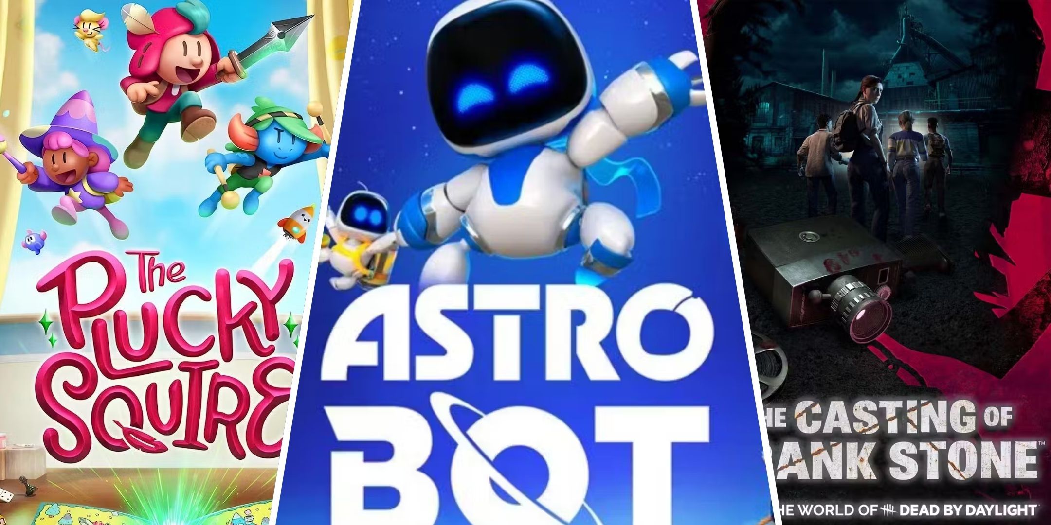 Cover art for The Plucky Squire, Astro Bot, and The Casting of Frank Stone side by side.