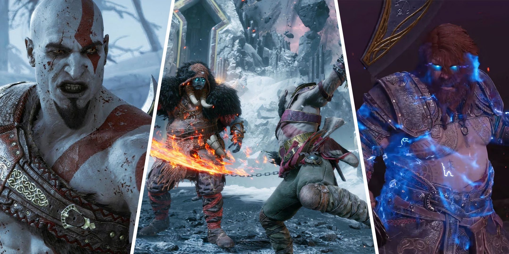 Split image showing Kratos and thor from God of war ragnarok. 