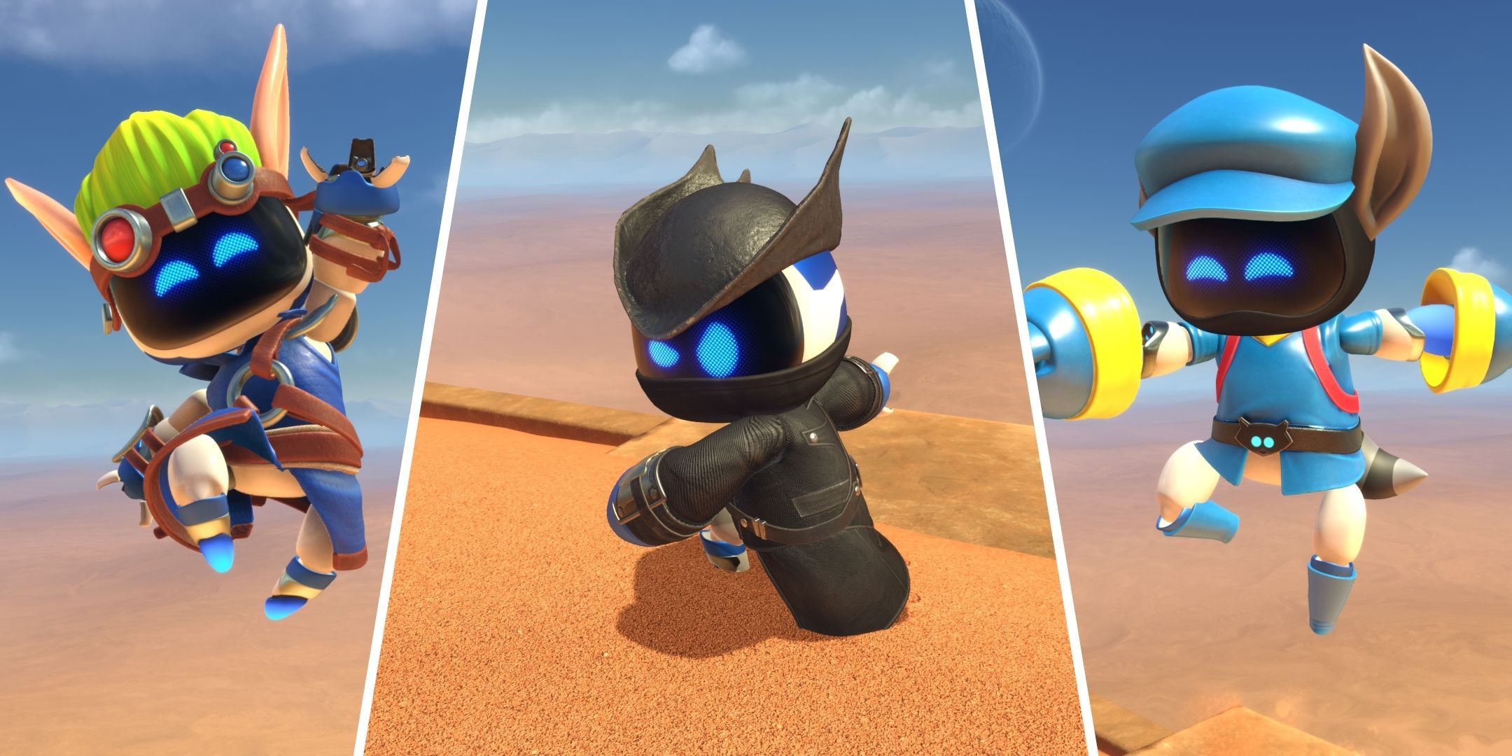 Astro Bot dressed as Jak from Jak and Daxter, the Hunter from Bloodborne, and Sly Cooper from Sly Cooper.