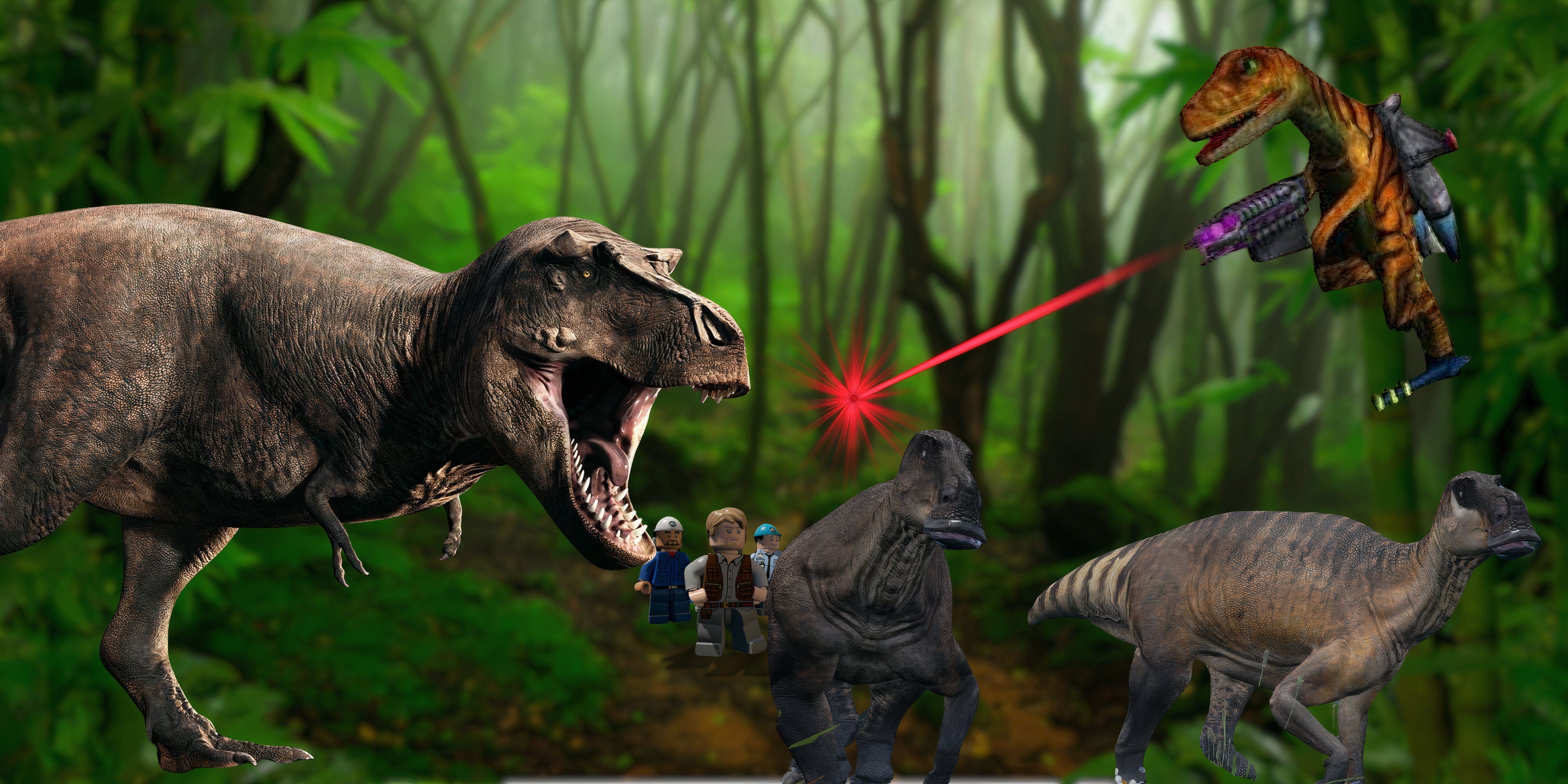 Dinosaurs from Path of Titans, The Isle, and Nanosaur and Owen Brady from Lego Jurassic World are set on a Jungle background.