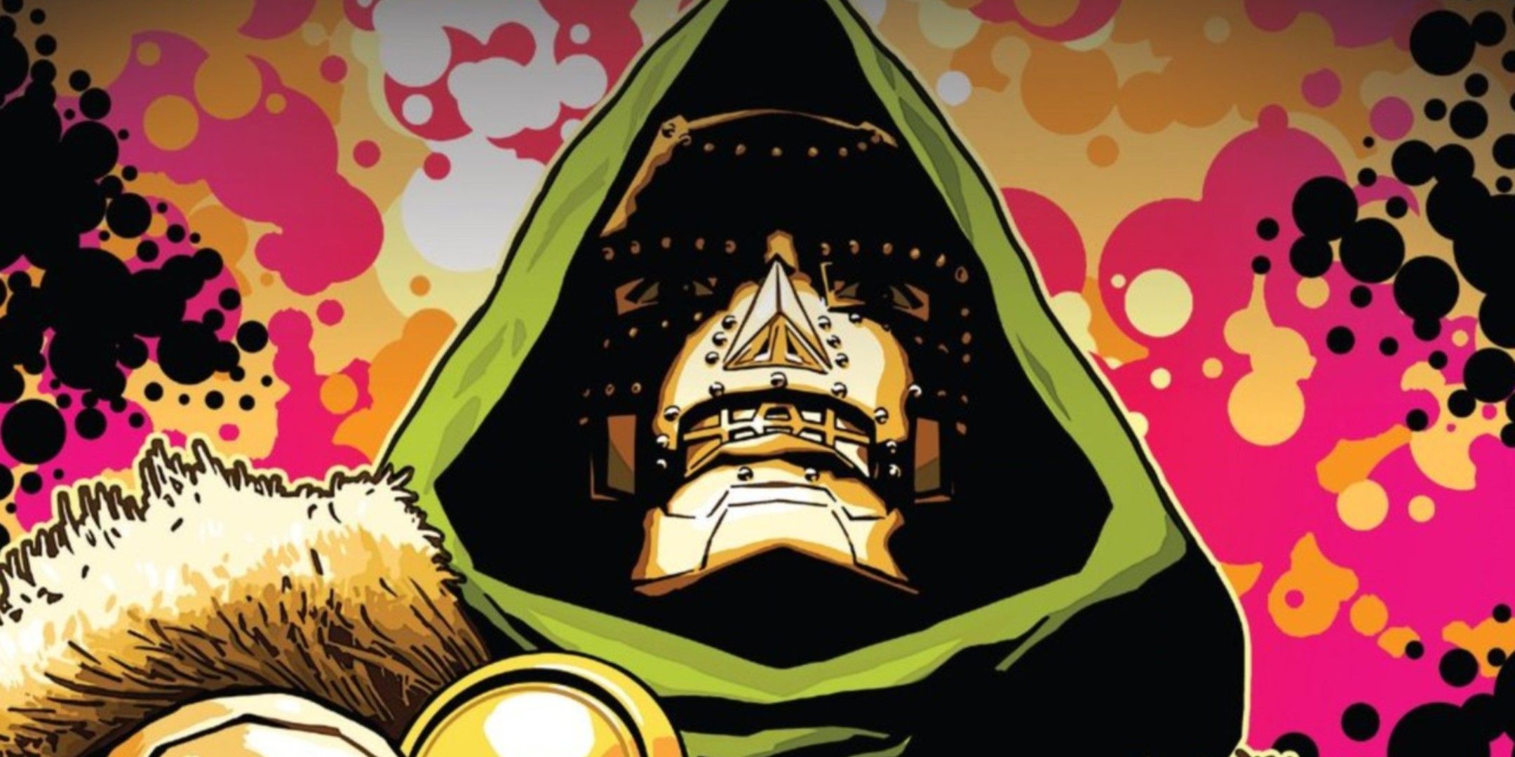 close-up of Dr. Doom's mask with fire burning in the background.