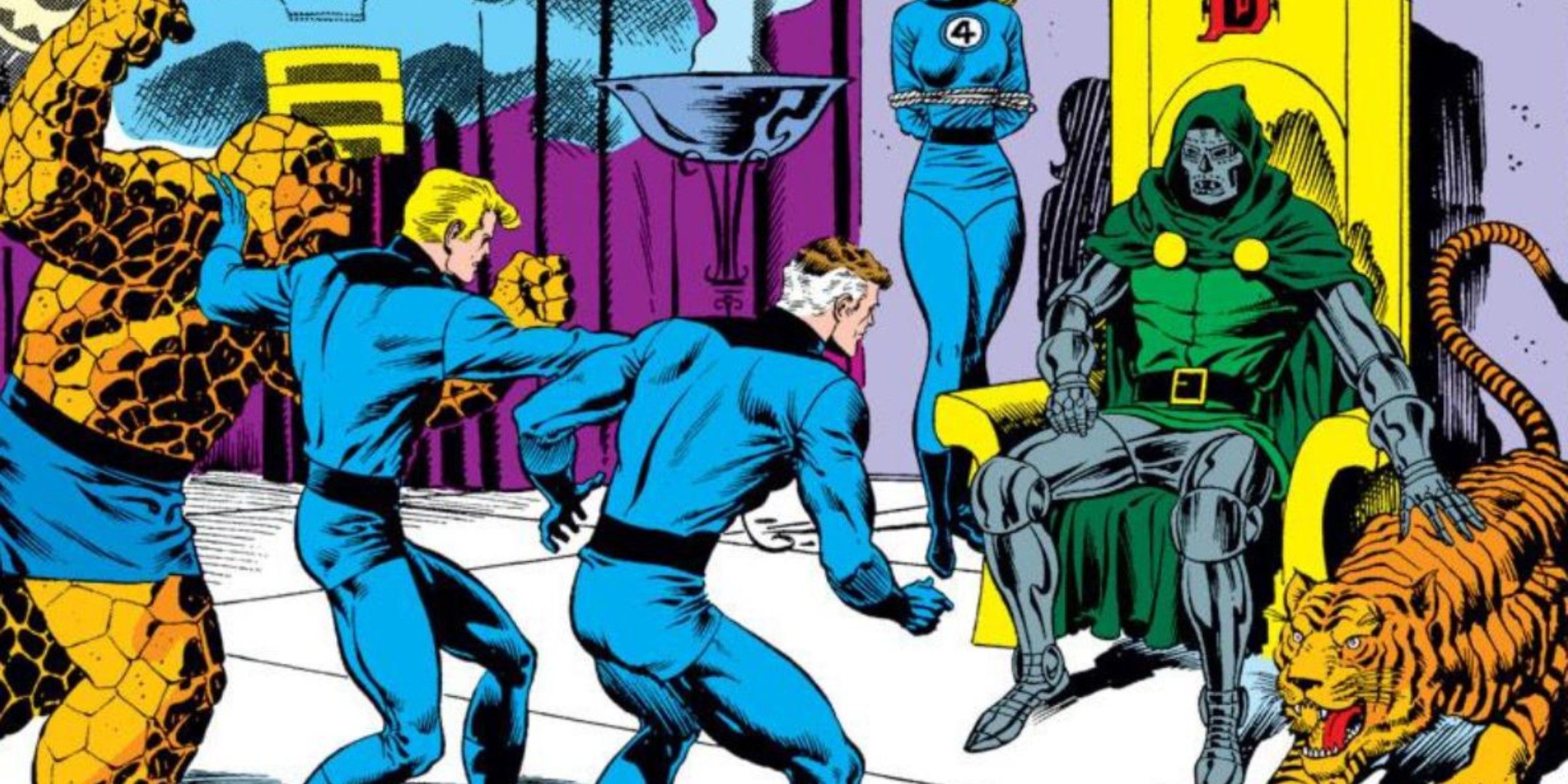 Doctor Doom faces off against three of the four Fantastic Four, with Sue Storm strapped to his throne and him stroking a tiger to his left.