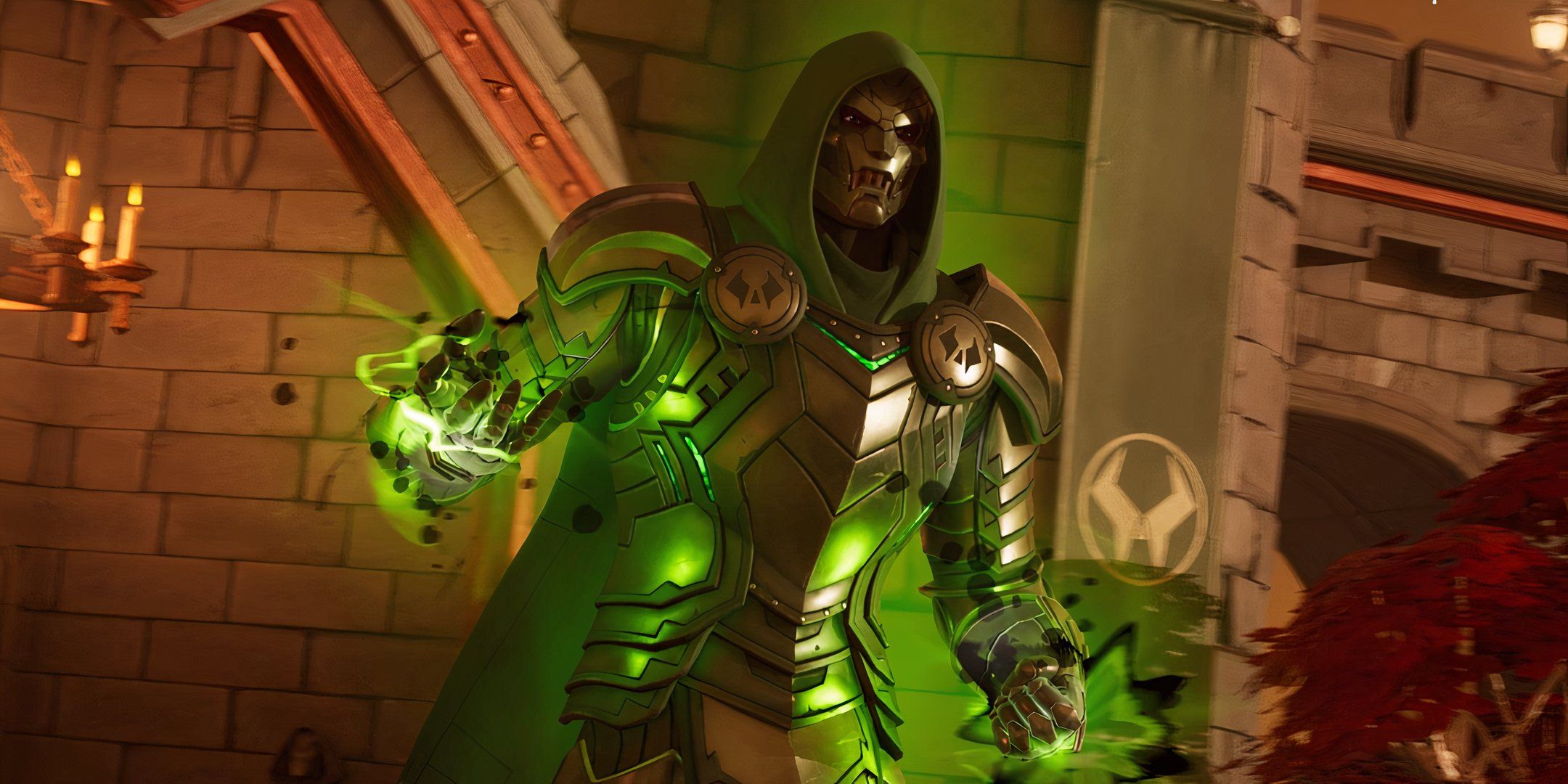 Doctor Doom stands with power in hand in the background of the castle.