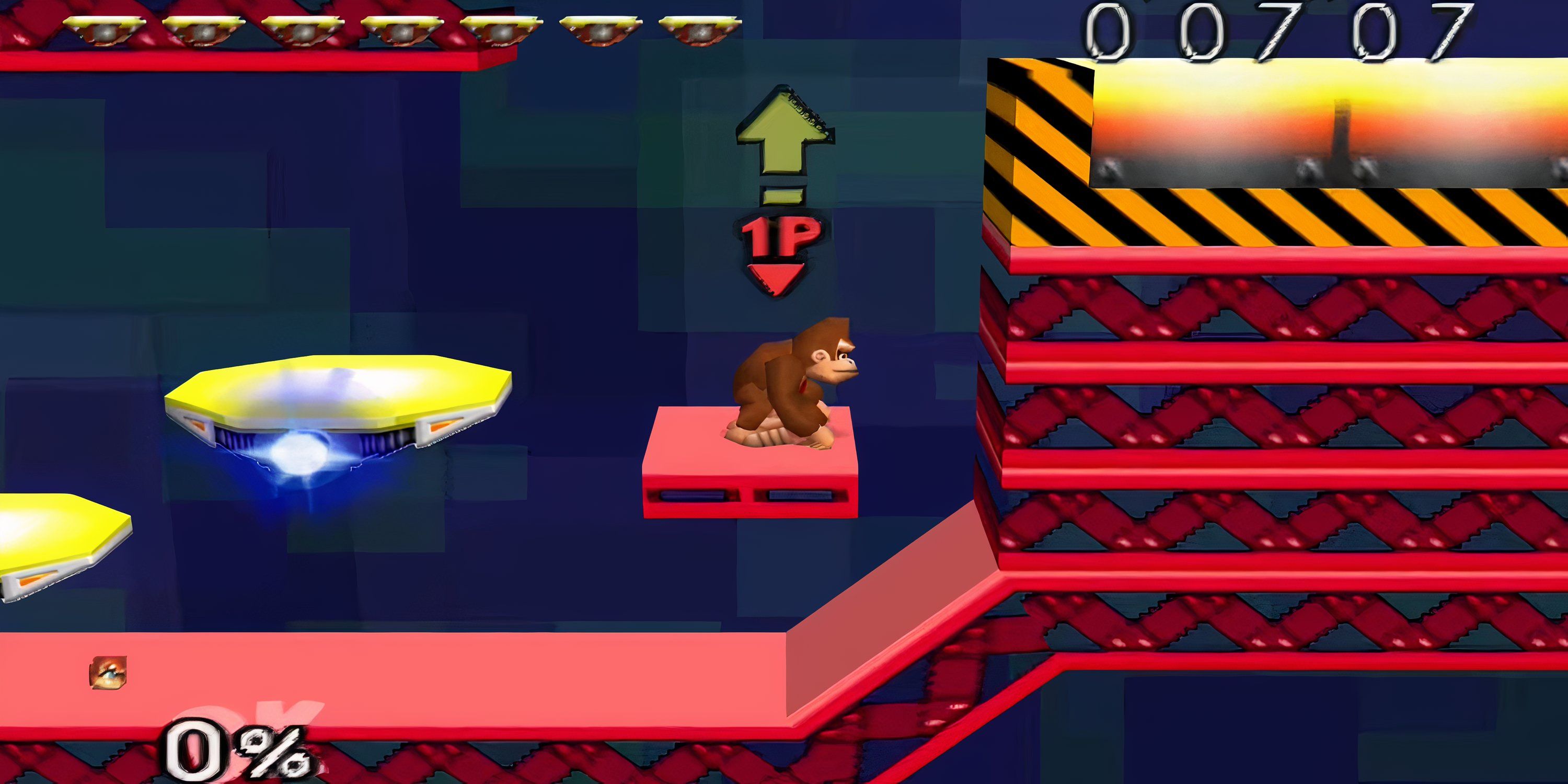 Donkey Kong is standing on a red platform in Super Smash Bros. Sit on the platform.
