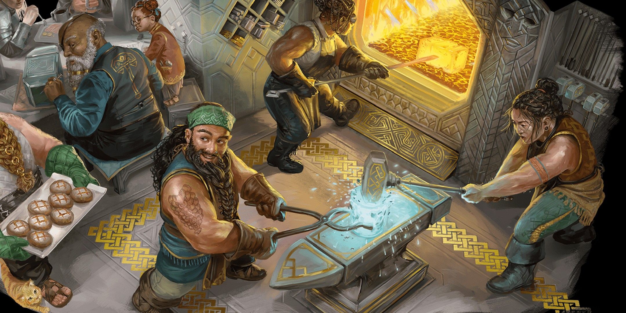 Dungeons & Dragons image showing many dwarves crafting.