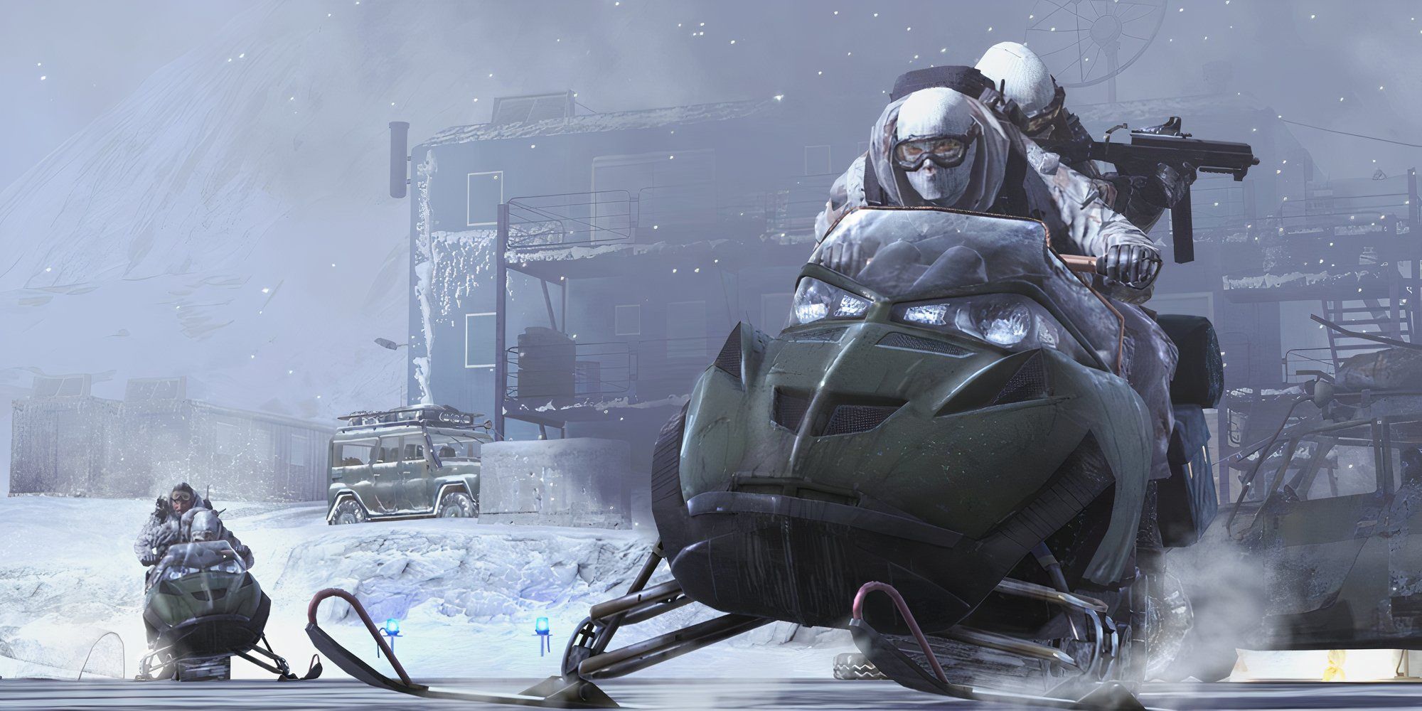 Screenshot from Modern Warfare 2 showing enemies riding a snowmobile