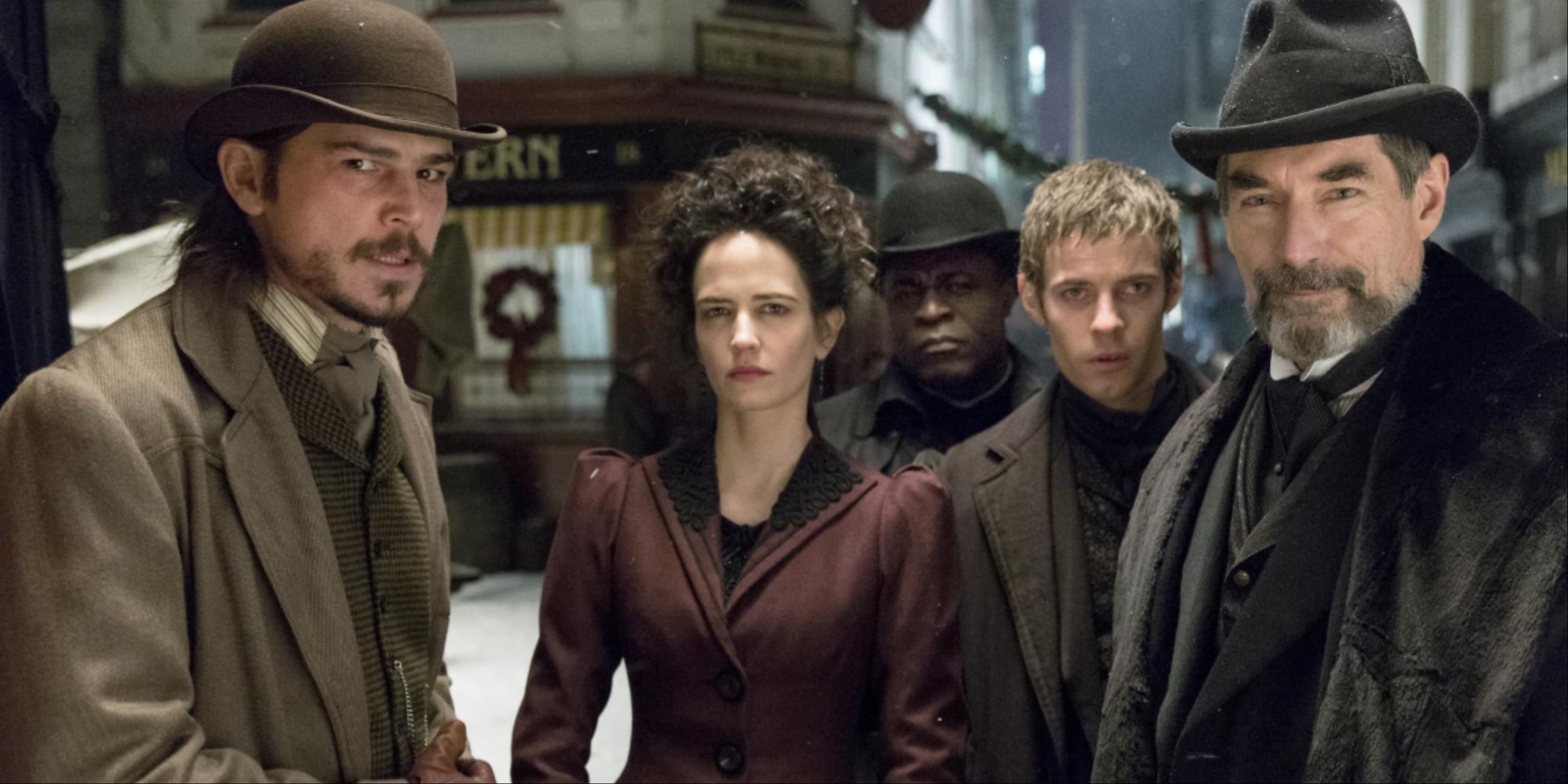 Ethan Chandler, Vanessa Ives, Dr. Frankenstien, Sembene, And Malcolm Murray All Facing The Camera In Penny Dreadful.