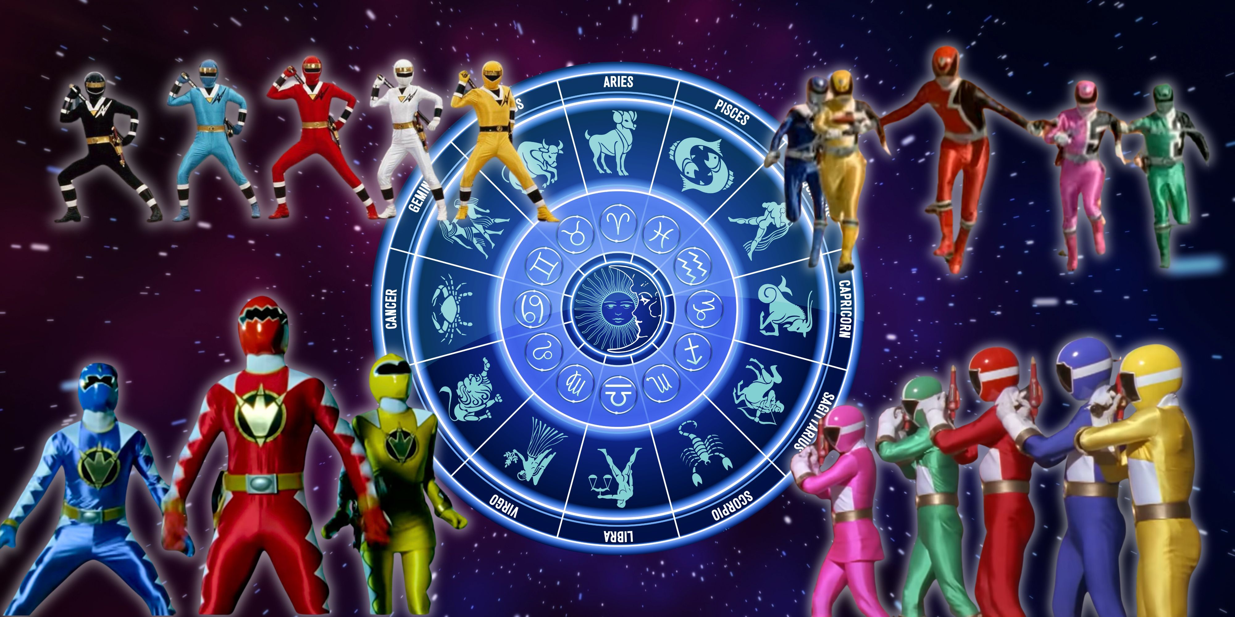 Four Power Ranger teams are posed on a galaxy background and the Zodiac calendar.