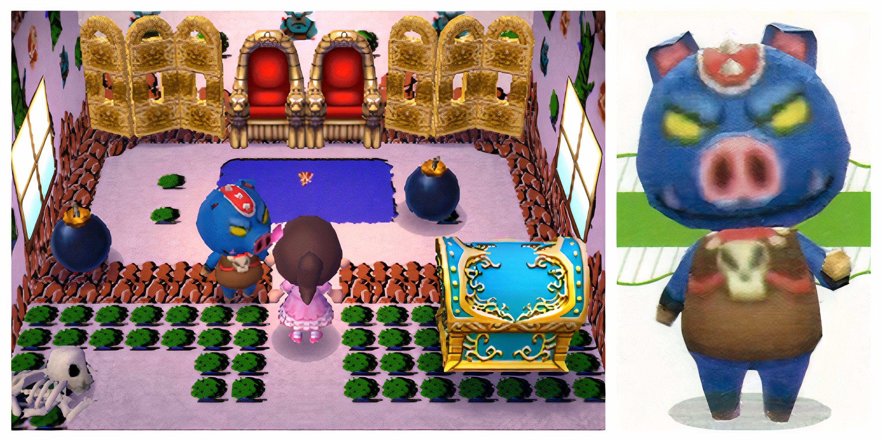 Ganon and a picture of his house from Animal Crossing New Leaf.