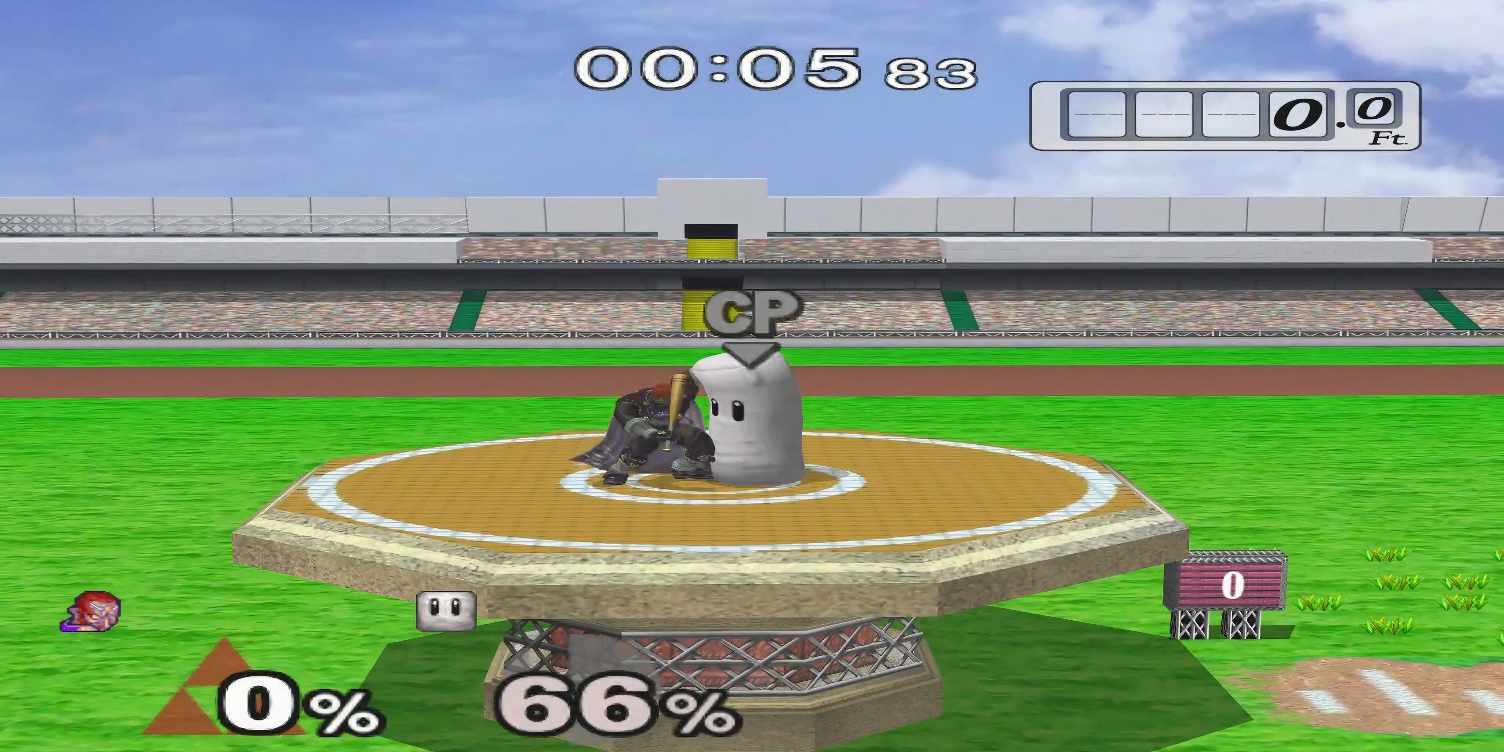 Ganondorf prepares to hit a sandbag with a baseball bat in Super Smash Bros. Melee.