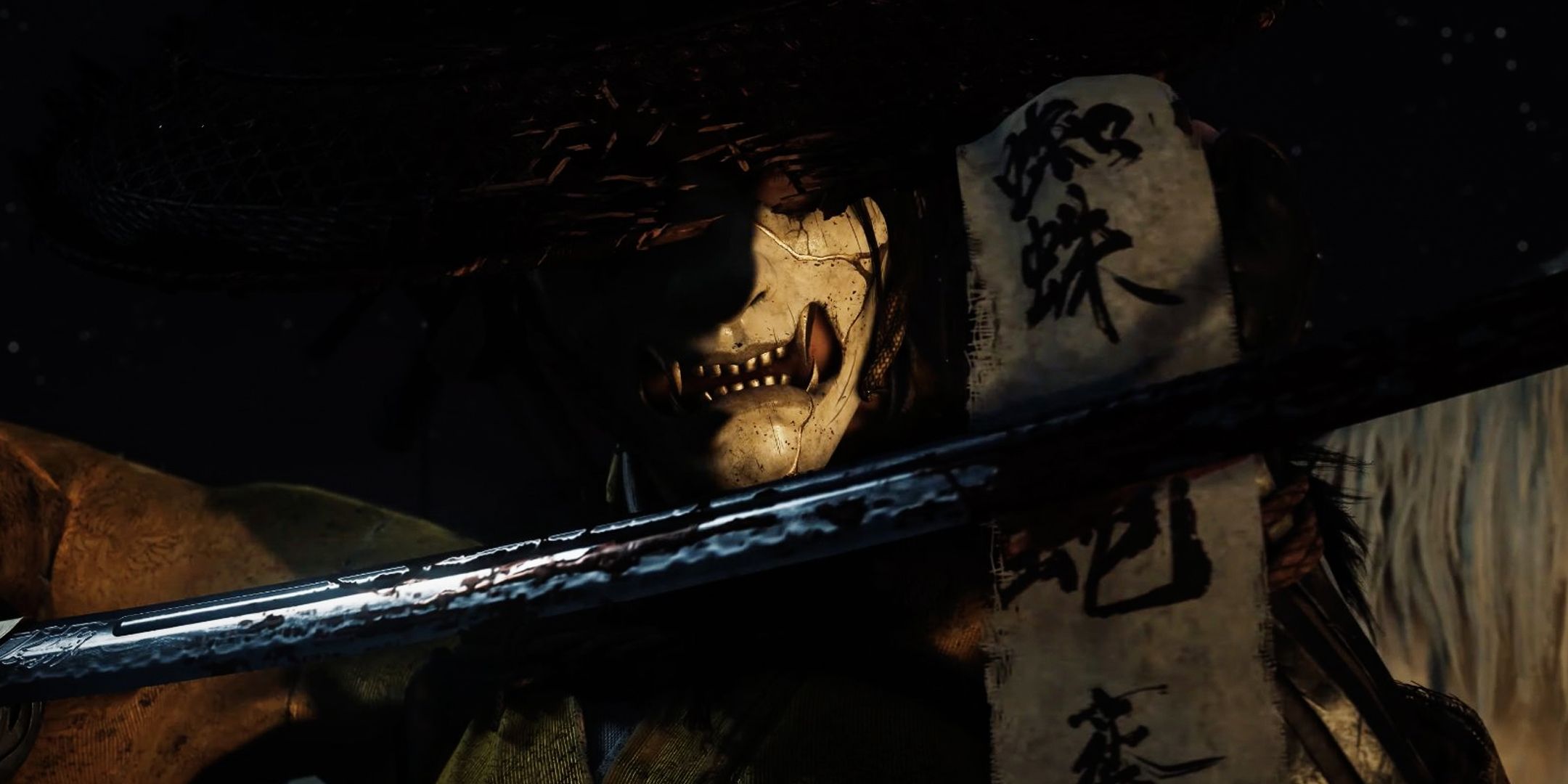 Ghost of Yotei lead brandishing their katana while wearing a mask