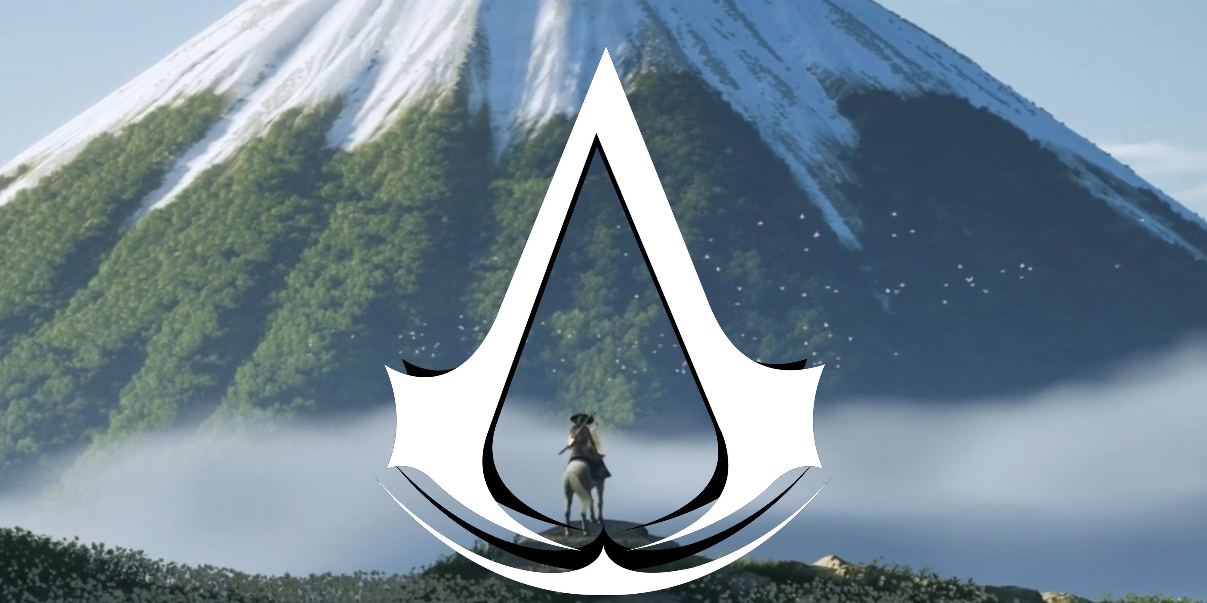 Ghost of Yotei's Atsu with the Assassin's Creed logo