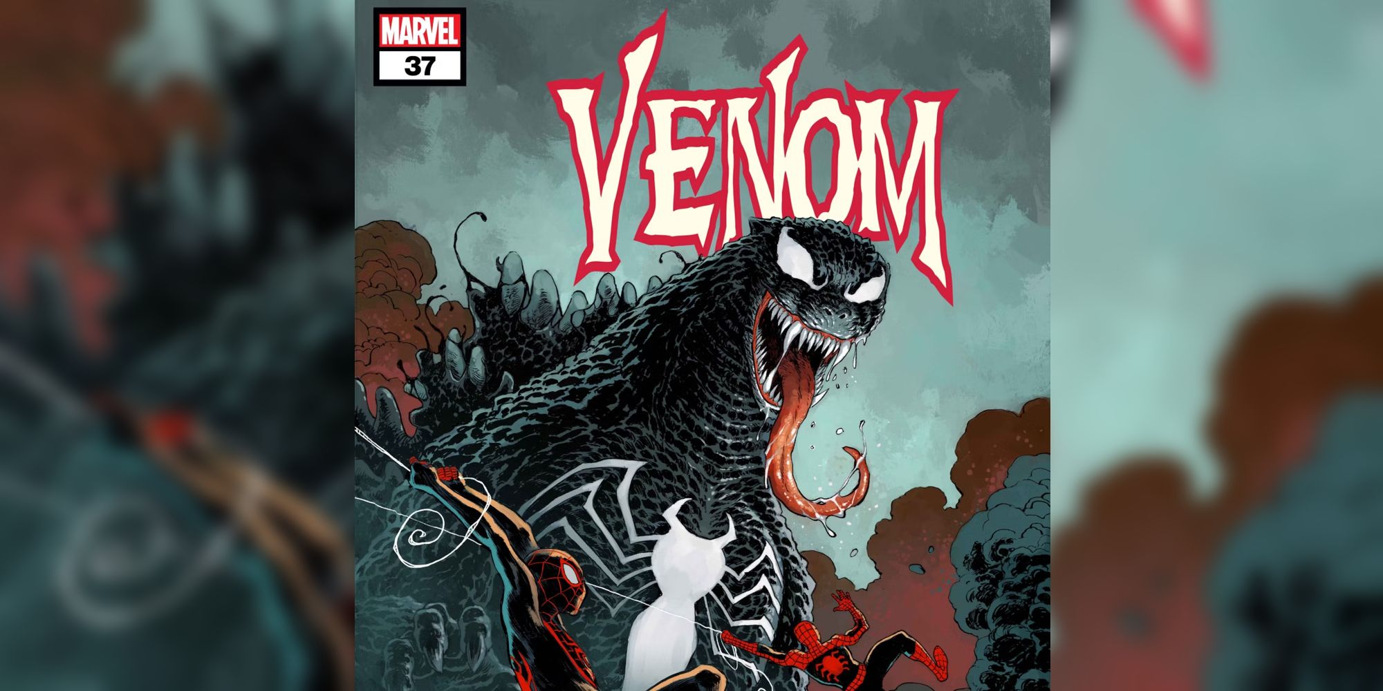 Venom Godzilla looms over the city with Spidermans swinging by.