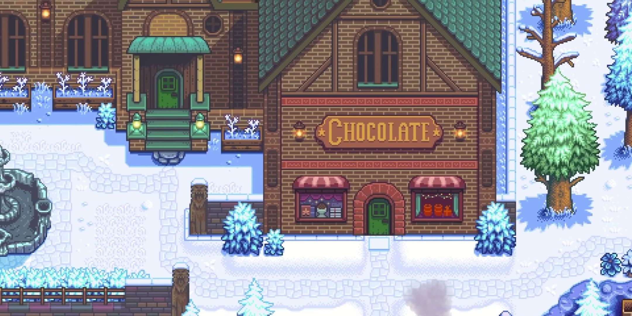 the chocolate shop in winter in a promo image for Haunted Chocolatier.