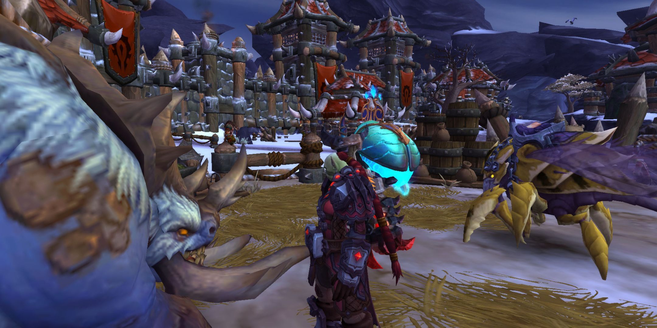 An Orc in the Garrison with a mount in World of Warcraft.