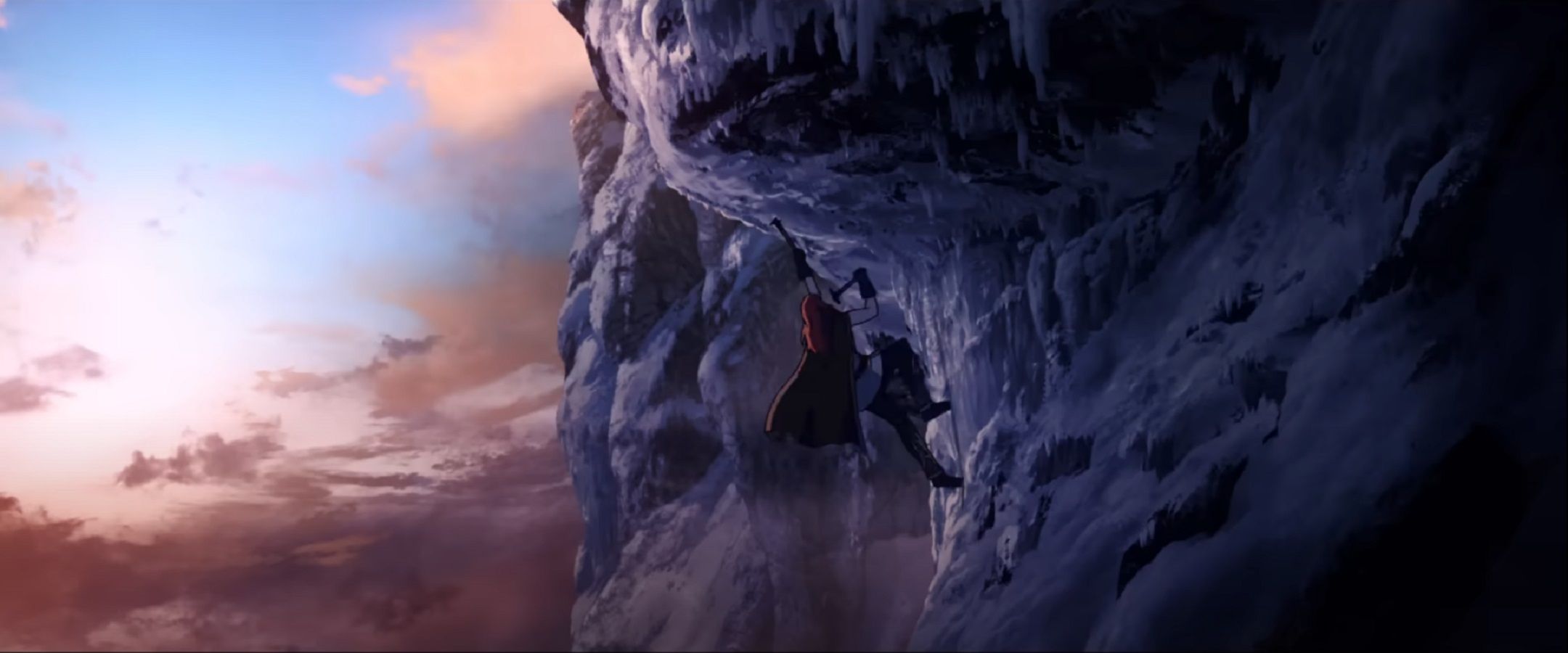 hera climbing an icy cliff in the lord of the rings war of the rohirrim