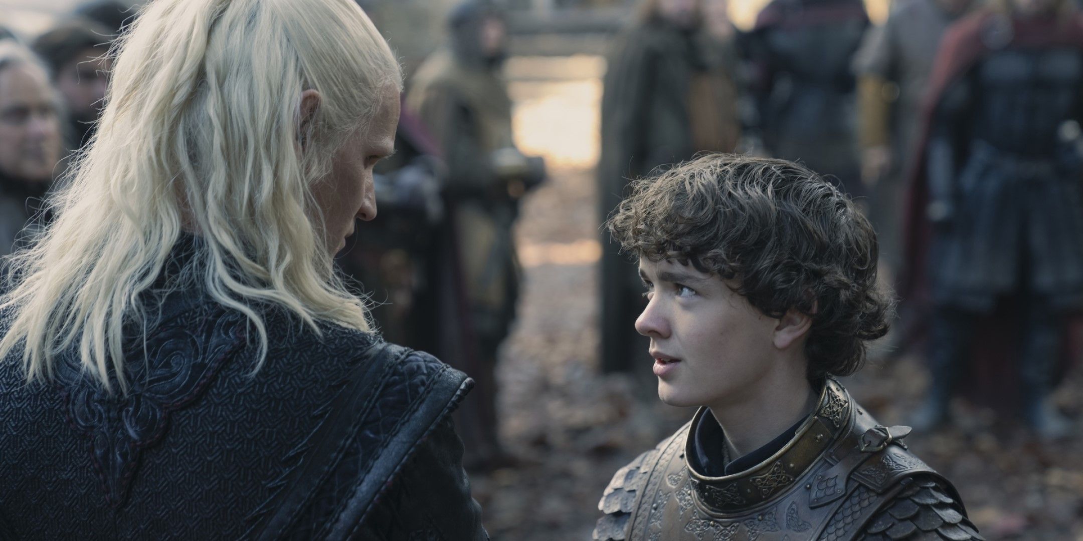 A screenshot from House of the Dragon showing Oscar Tully and Daemon Targaryen.